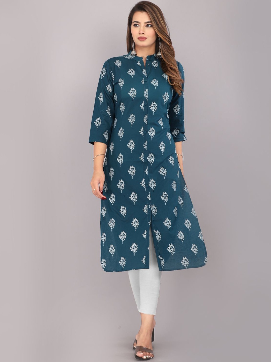 

Mehsoos Floral Printed Mandarin Collar Cotton A-Line Kurta, Teal