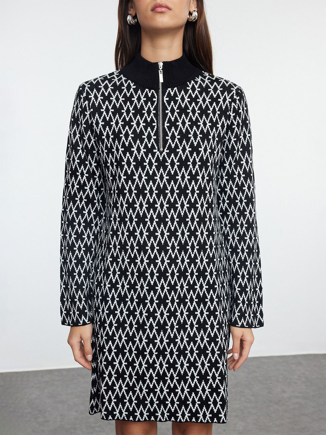 

Trendyol Women High Neck Self Design A-Line Dress, Na