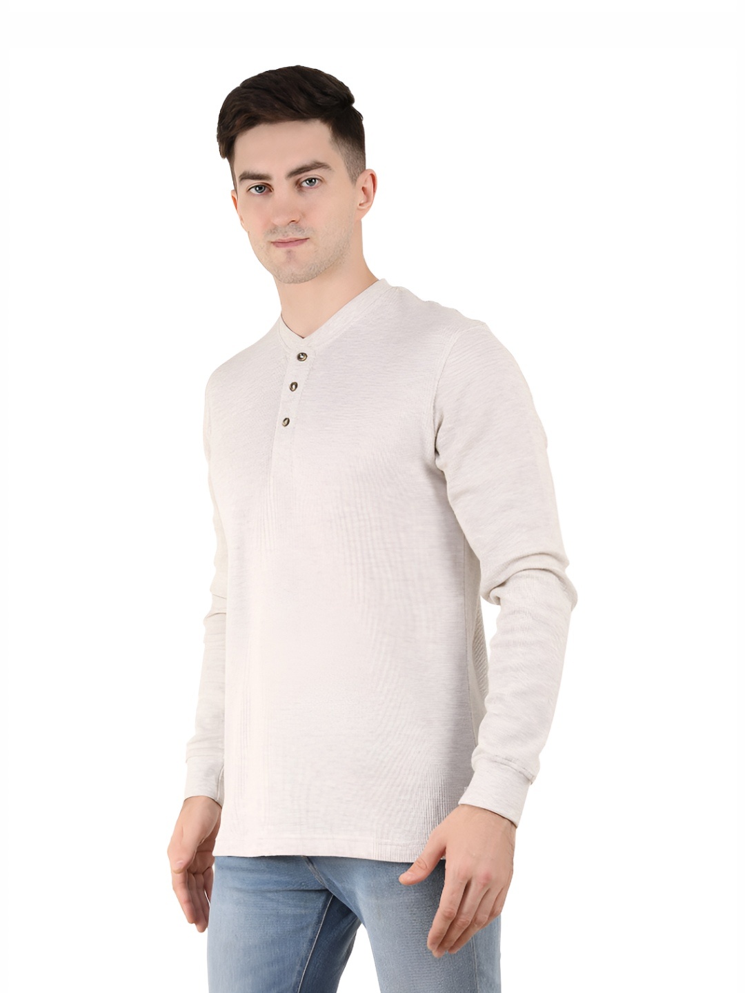 

Y&I Men Solid Henley Neck Cotton T-shirt, Off white