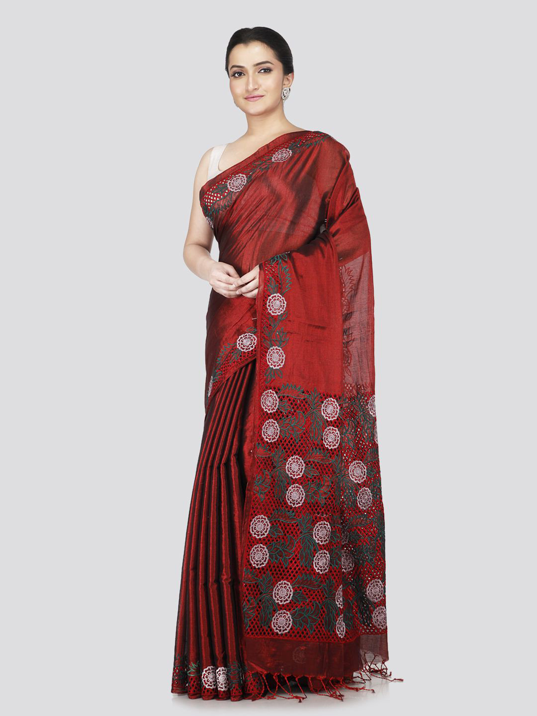 

PinkLoom Floral Silk Cotton Saree, Maroon