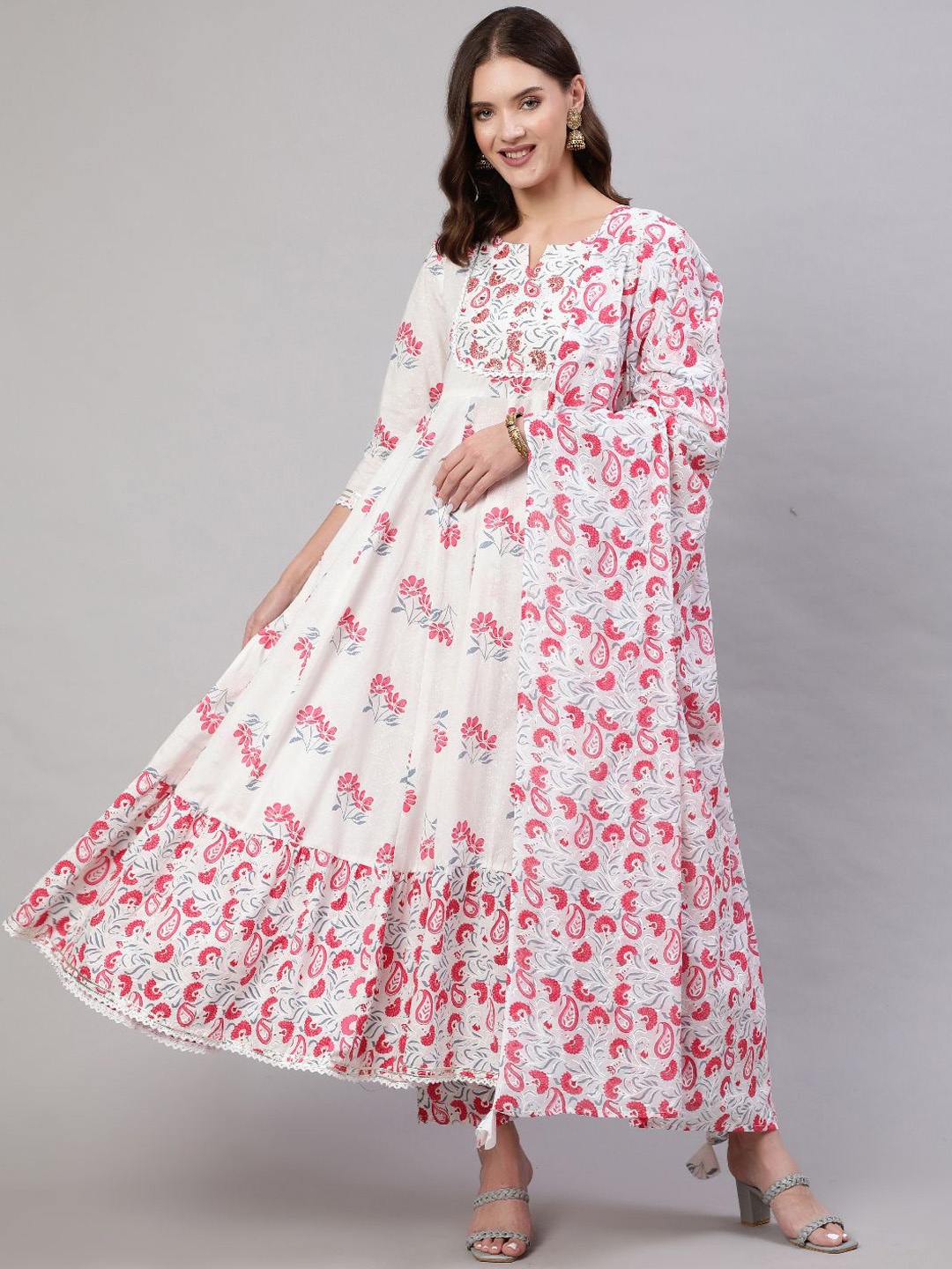 

Mizaz Floral Printed Zari Work Pure Cotton Anarkali Kurta With Trousers & Dupatta, Pink