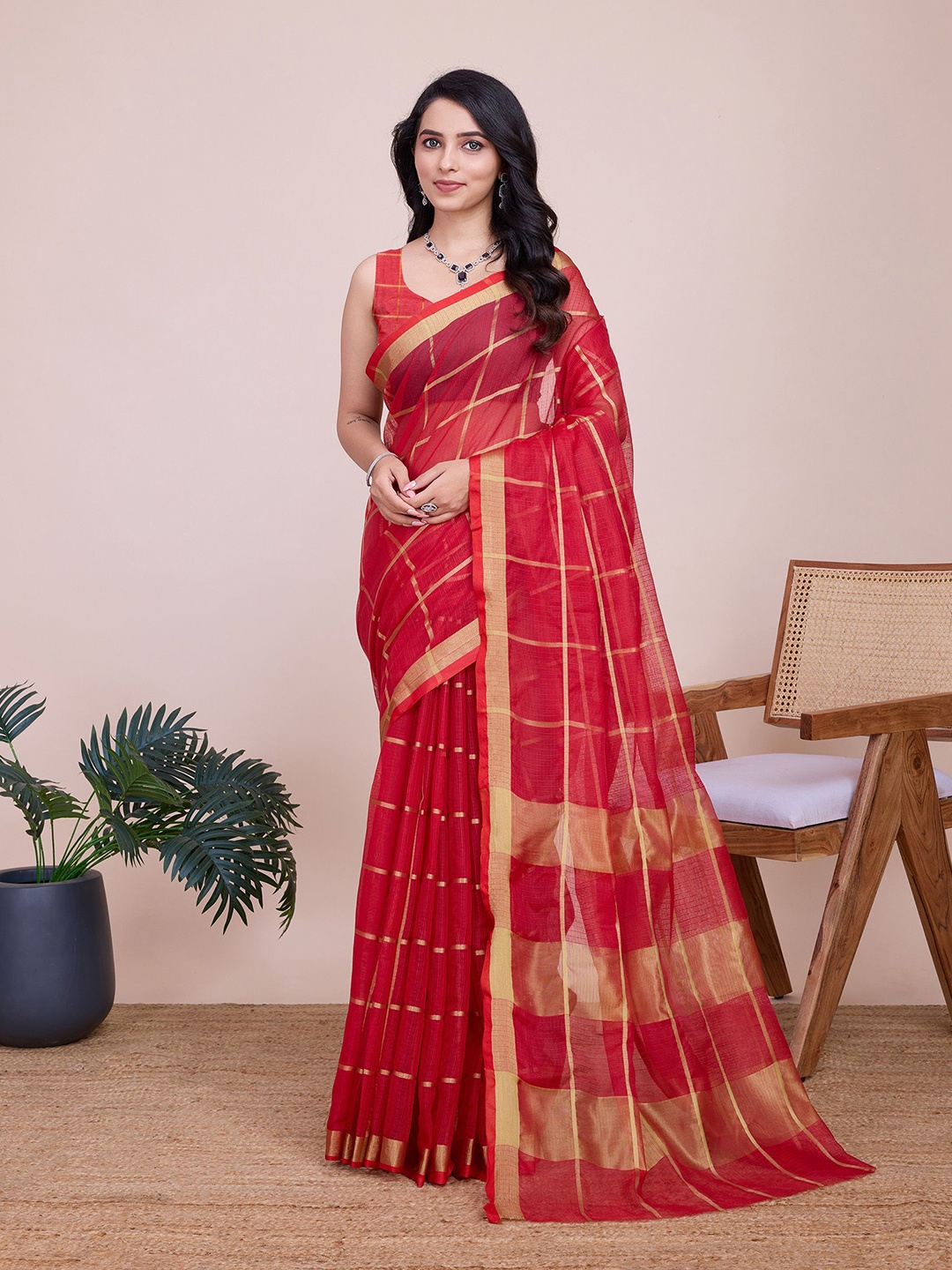 

Aldwych Woven Design Zari Chanderi Saree, Red