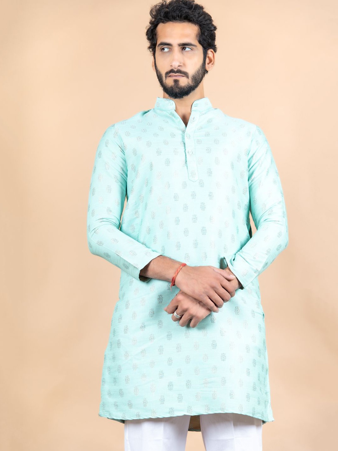 

Tistabene Ethnic Motifs Woven Design Mandarin Collar Cotton Silk Straight Kurta, Sea green
