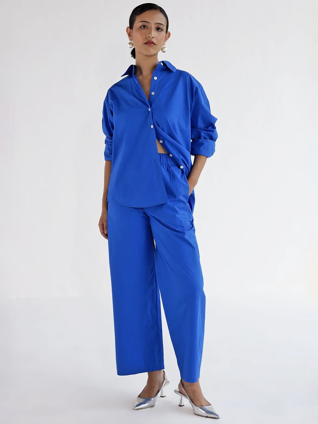 

BOTNIA Pure Cotton Oversized Shirt With Palazzos, Blue