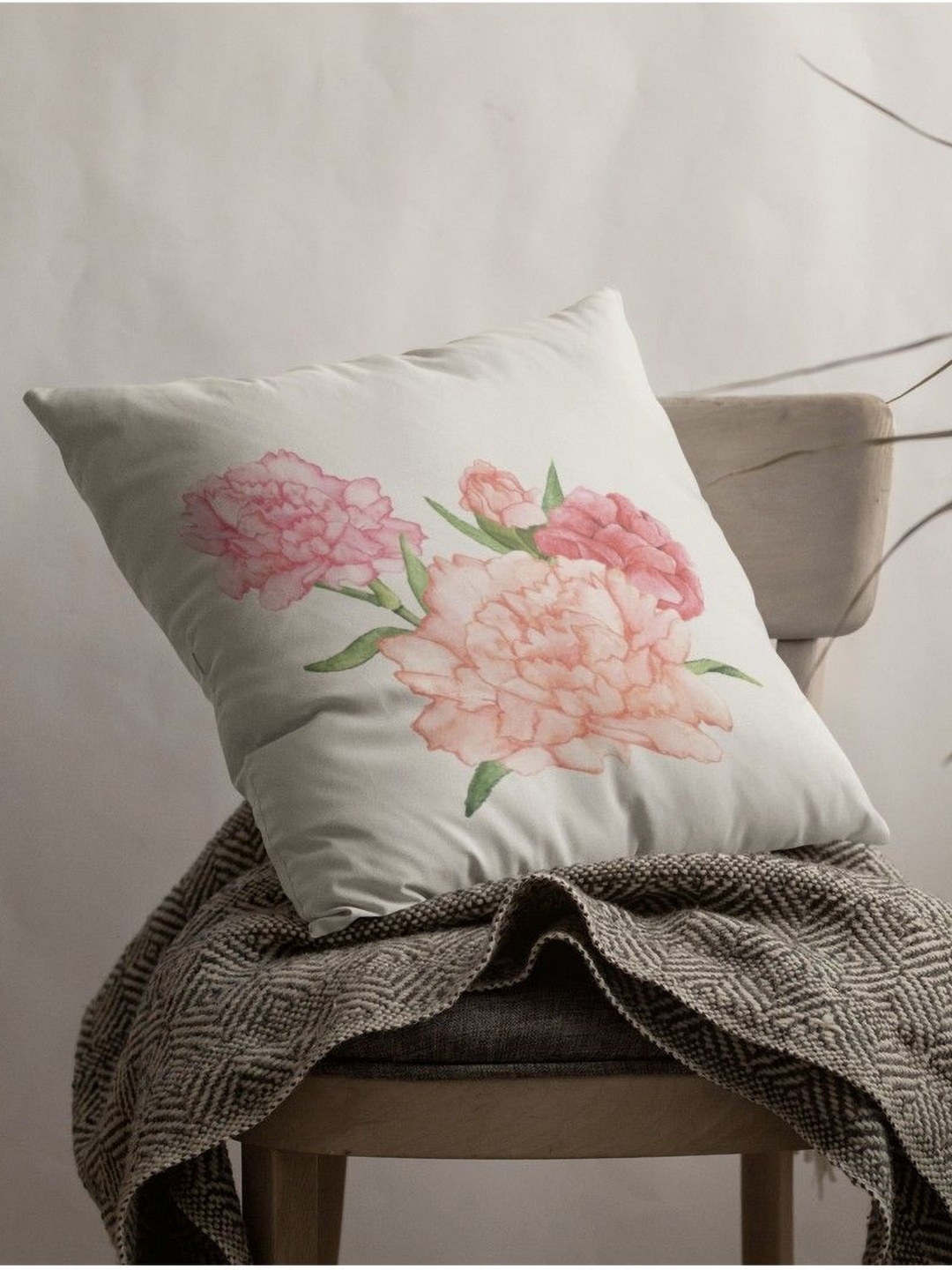 

THEYAYACAFE White & Pink Floral Printed Velvet Square Cushion Cover