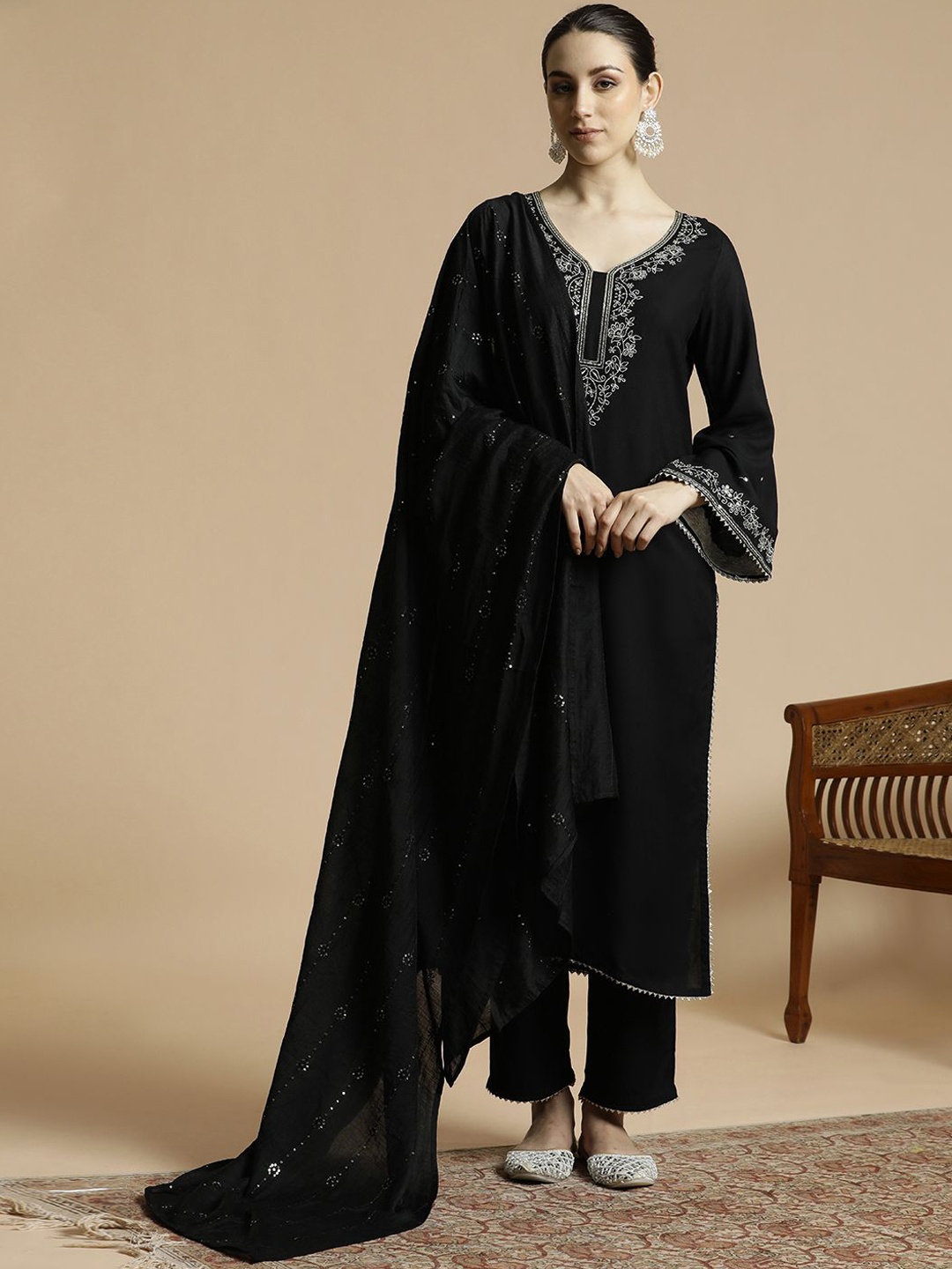 

Anouk Floral Embroidered Bell Sleeves Thread Work Straight Kurta With Trousers & Dupatta, Black