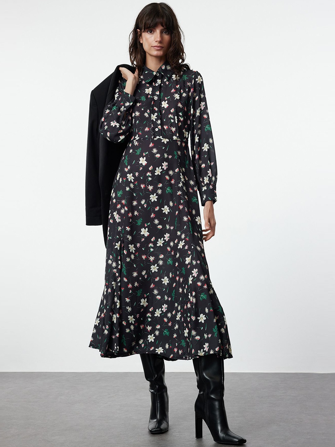 

Trendyol Floral Print Shirt Midi Dress, Na