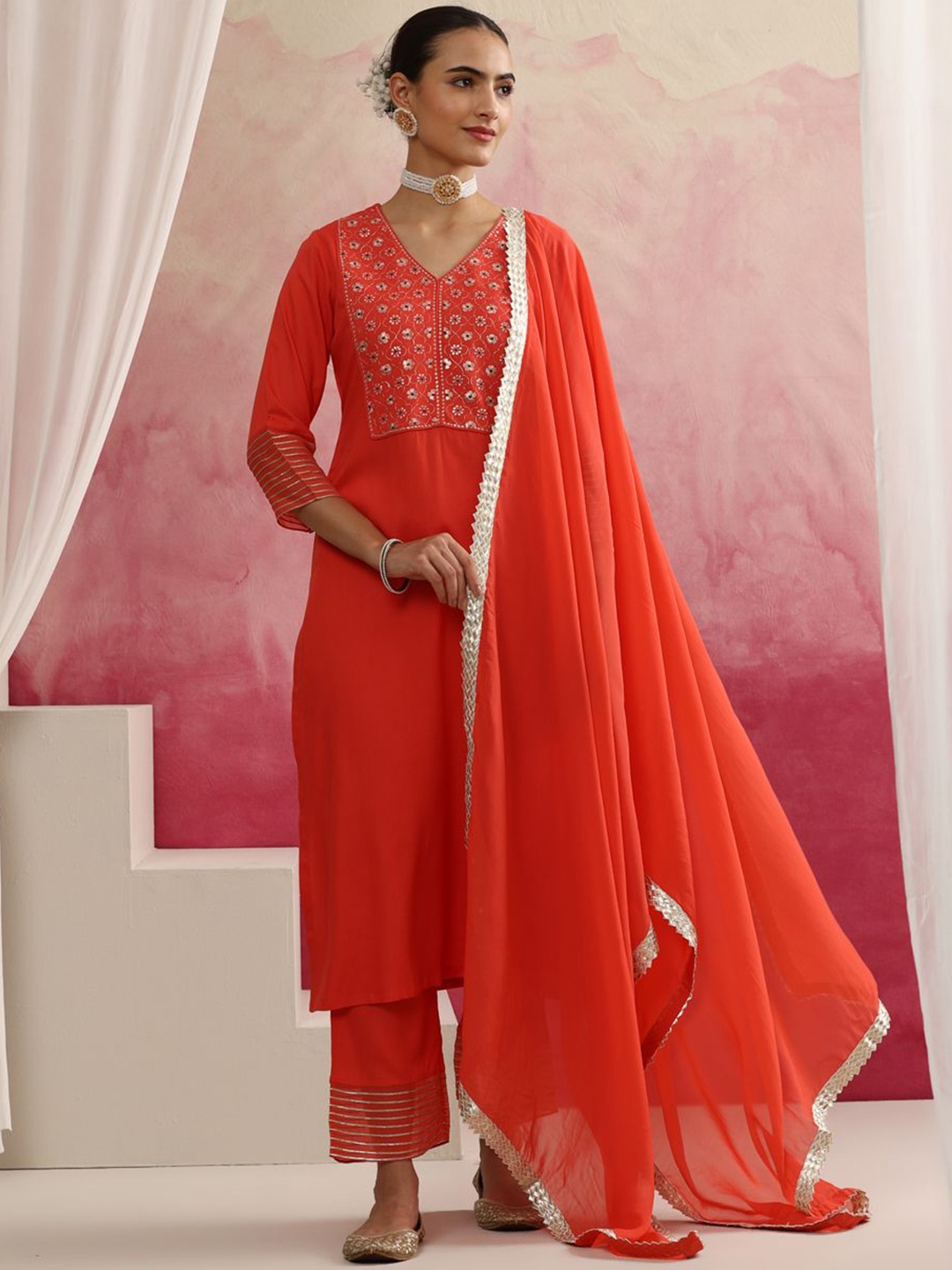 

Khushal K Floral Yoke Design V-Neck Straight Thread Work Kurta with Palazzos & Dupatta, Orange