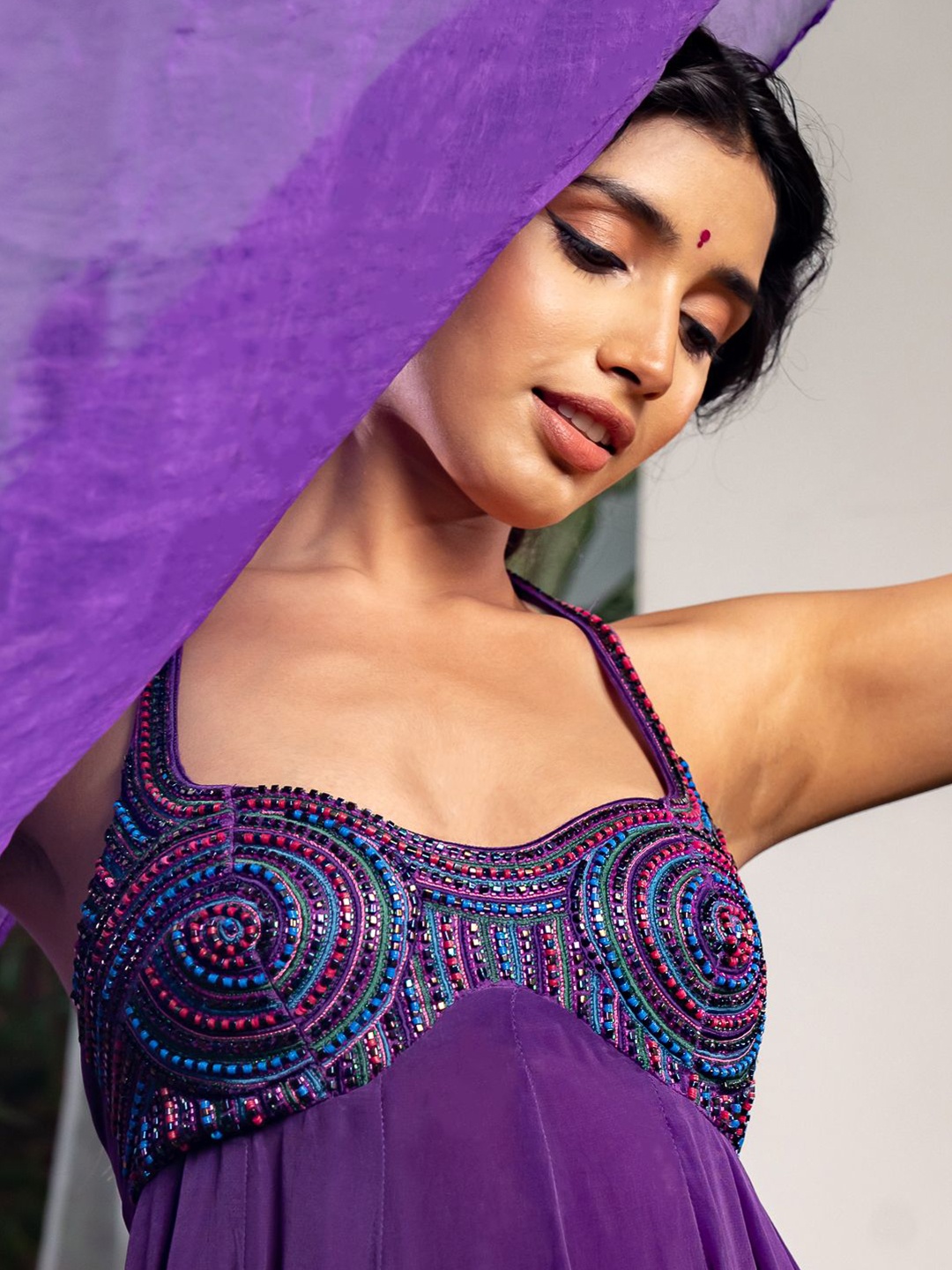 

Baise Gaba Athmika Halter Neck Beads & Stones Empire Anarkali Kurta, Purple