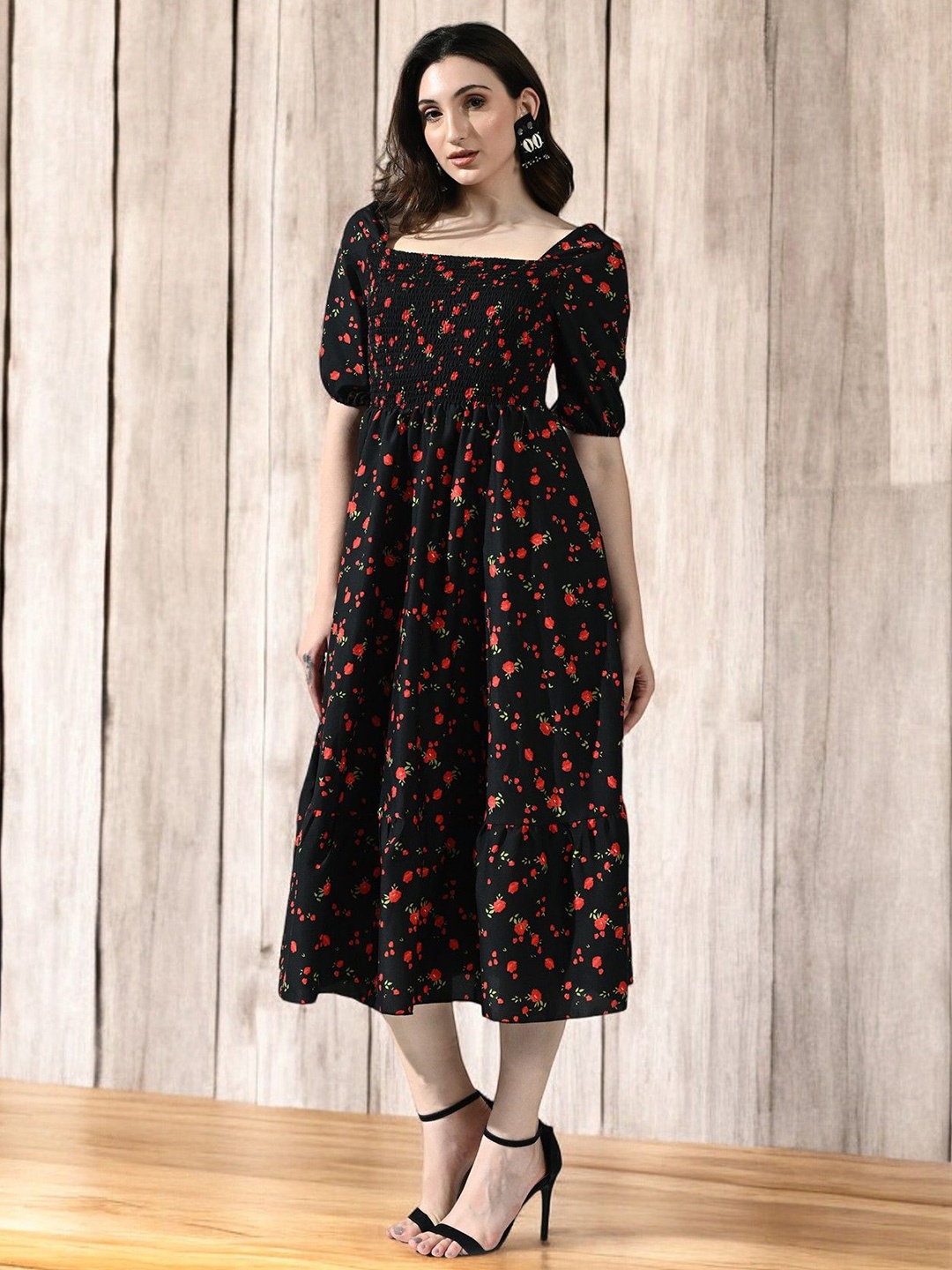 

BAESD women Floral Print Square Neck Smocked Crepe Fit & Flare Dress, Black