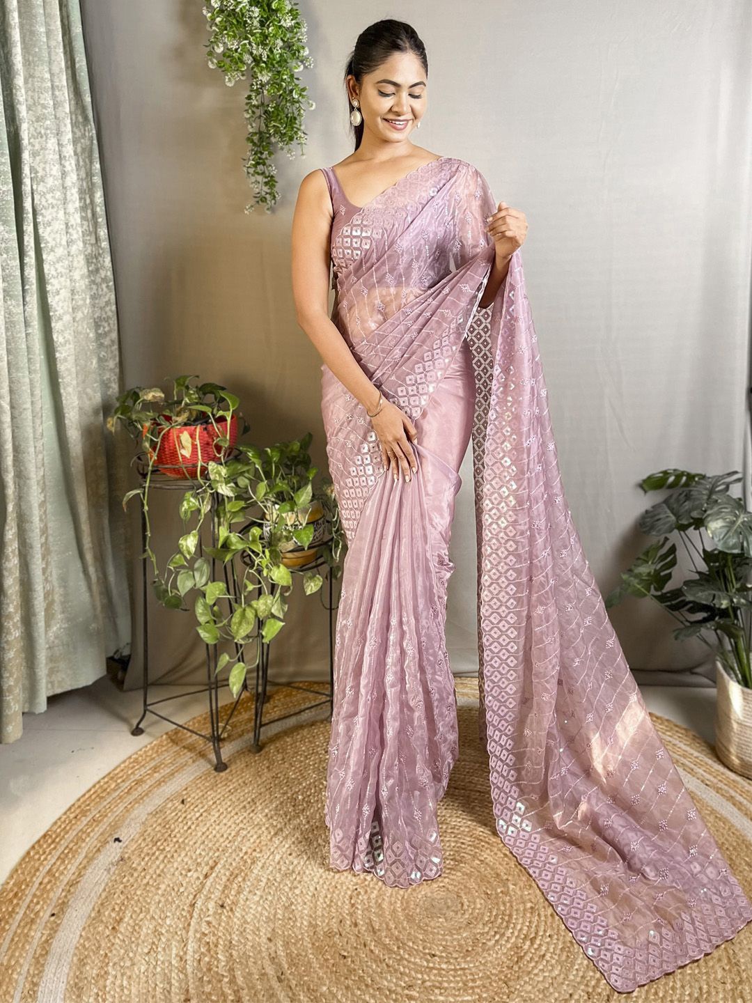 

Mitera Embellished Sequinned Organza Saree, Mauve