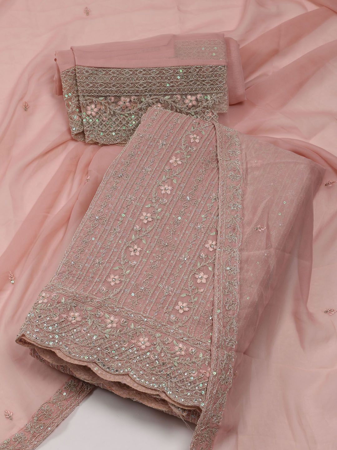 

Meena Bazaar Floral Embroidered Sequinned Unstitched Dress Material, Peach