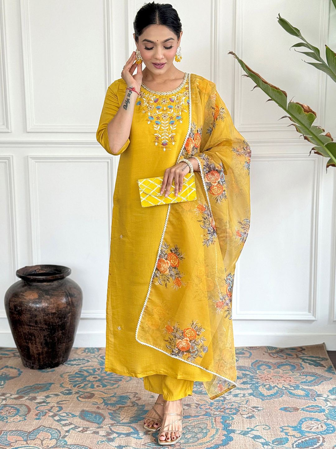 

KALINI Floral Embroidered Round Neck Chanderi Silk Straight Kurta With Trousers & Dupatta, Mustard