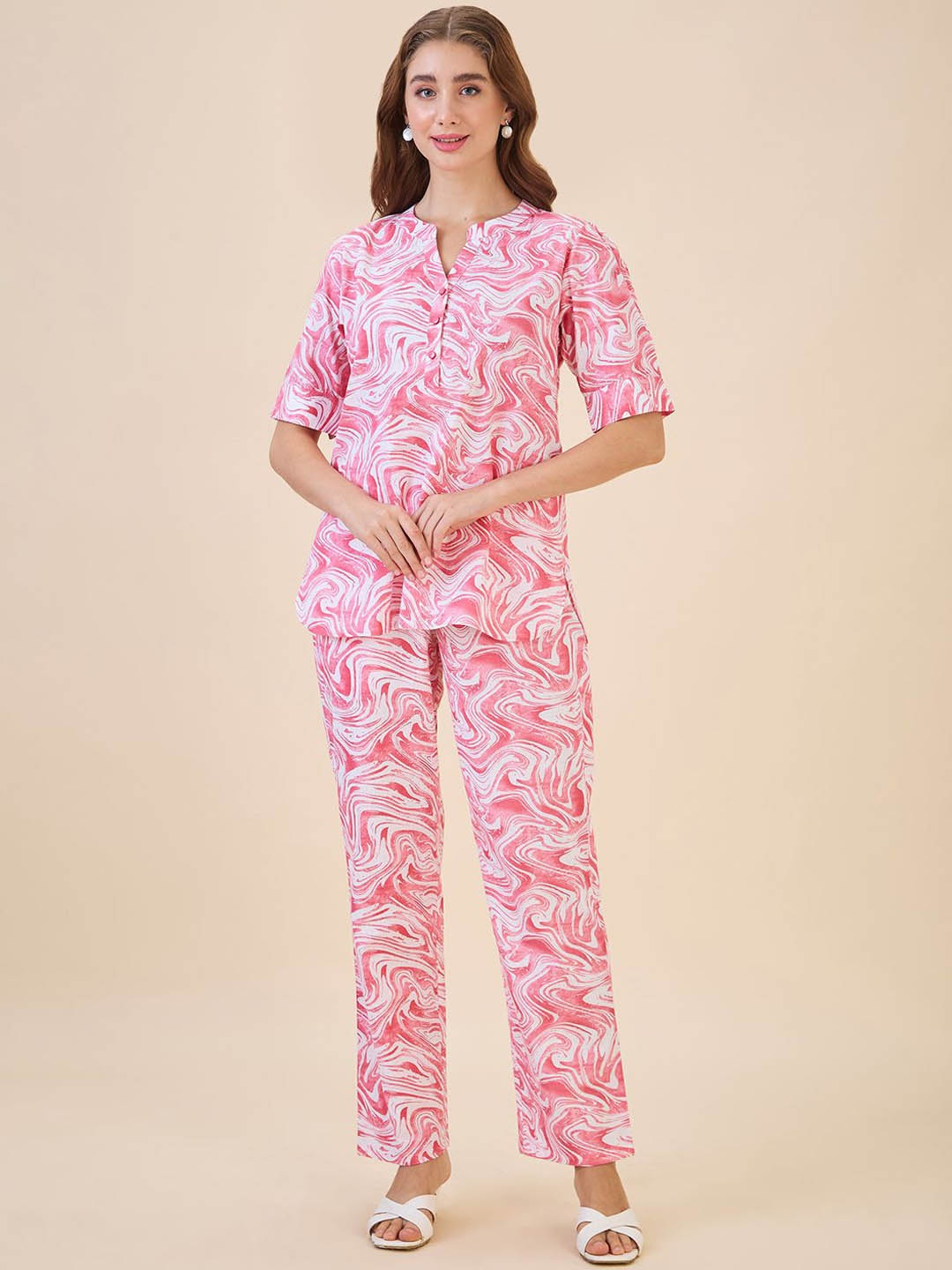 

AV2 Printed Mandarin Collar Pure Cotton Top With Trouser, Red