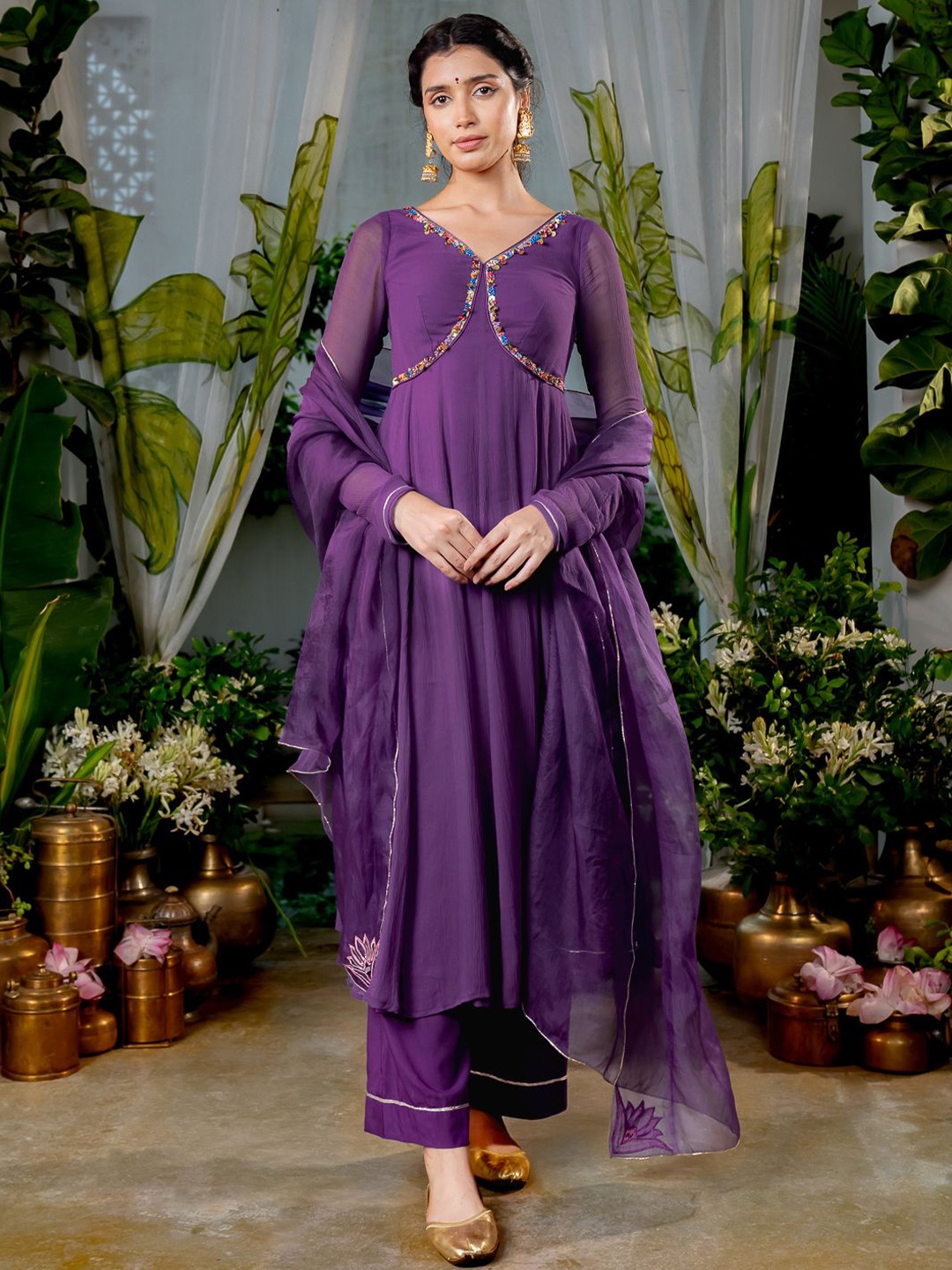 

Baise Gaba V-Neck Beads And Stones Silk Chiffon Anarkali Kurta With Trousers & Dupatta, Purple