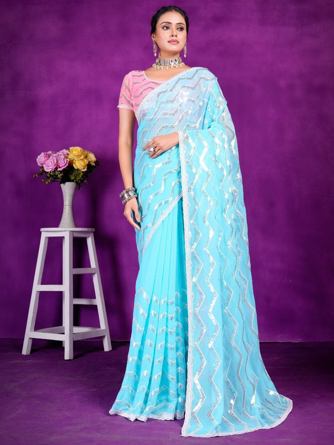 

Mitera Embellished Sequinned Pure Chiffon Saree, Blue