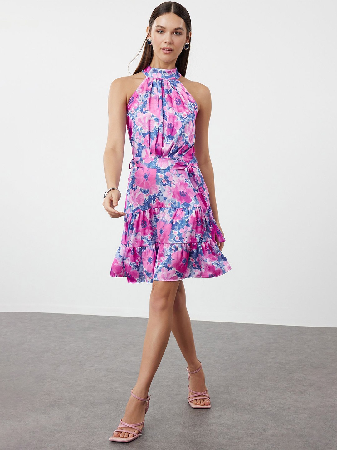 

Trendyol Halter Neck Floral Printed Fit & Flare Dress, Pink
