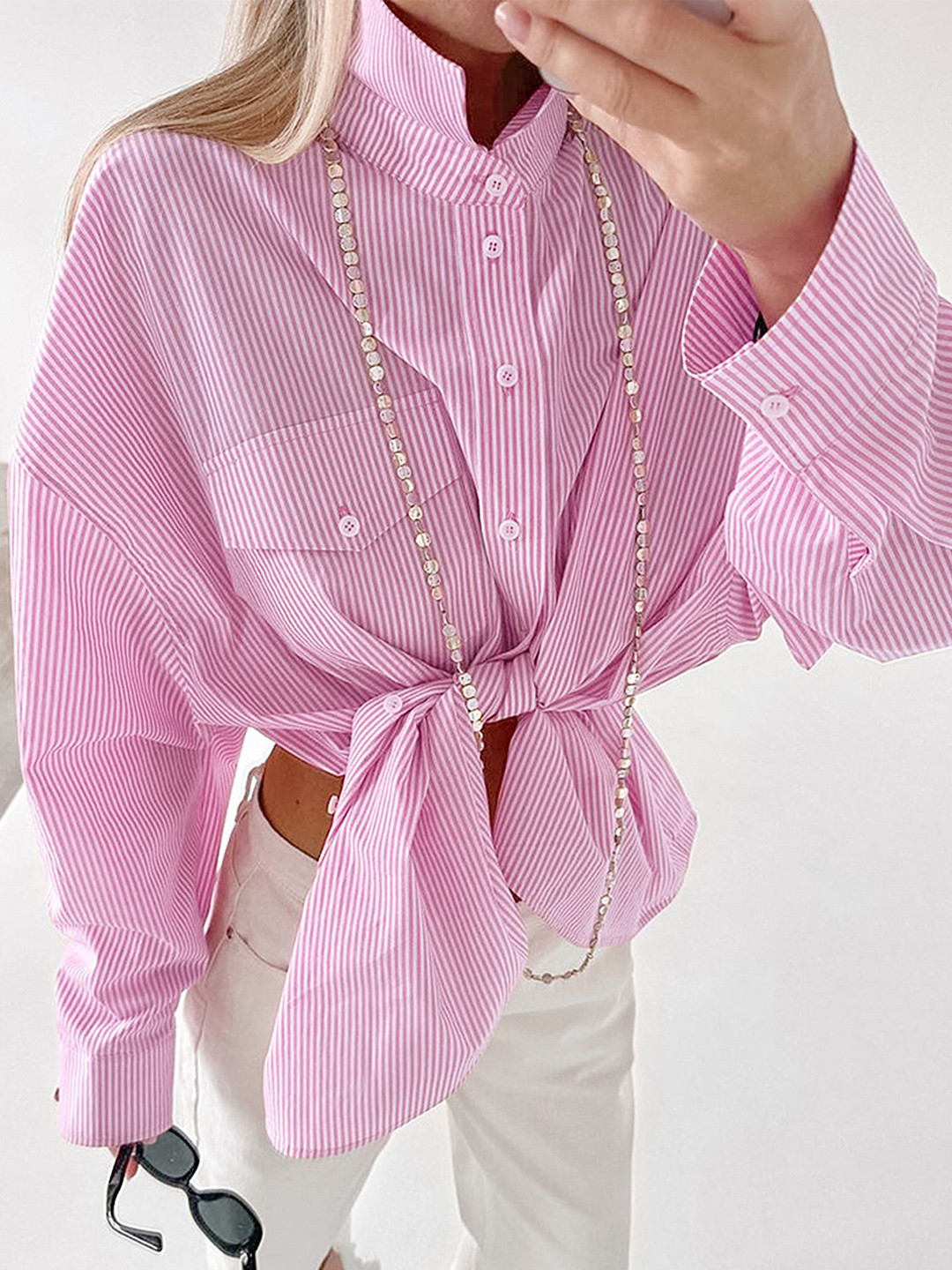 

LULU & SKY Striped Extended Sleeves Shirt Style Top, Pink