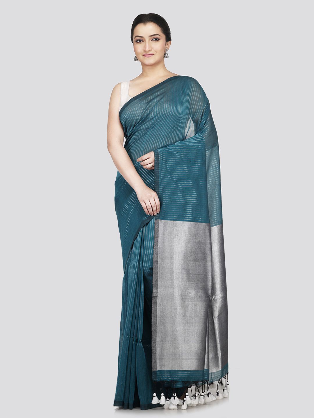 

PinkLoom Striped Zari Pure Cotton Saree, Turquoise blue