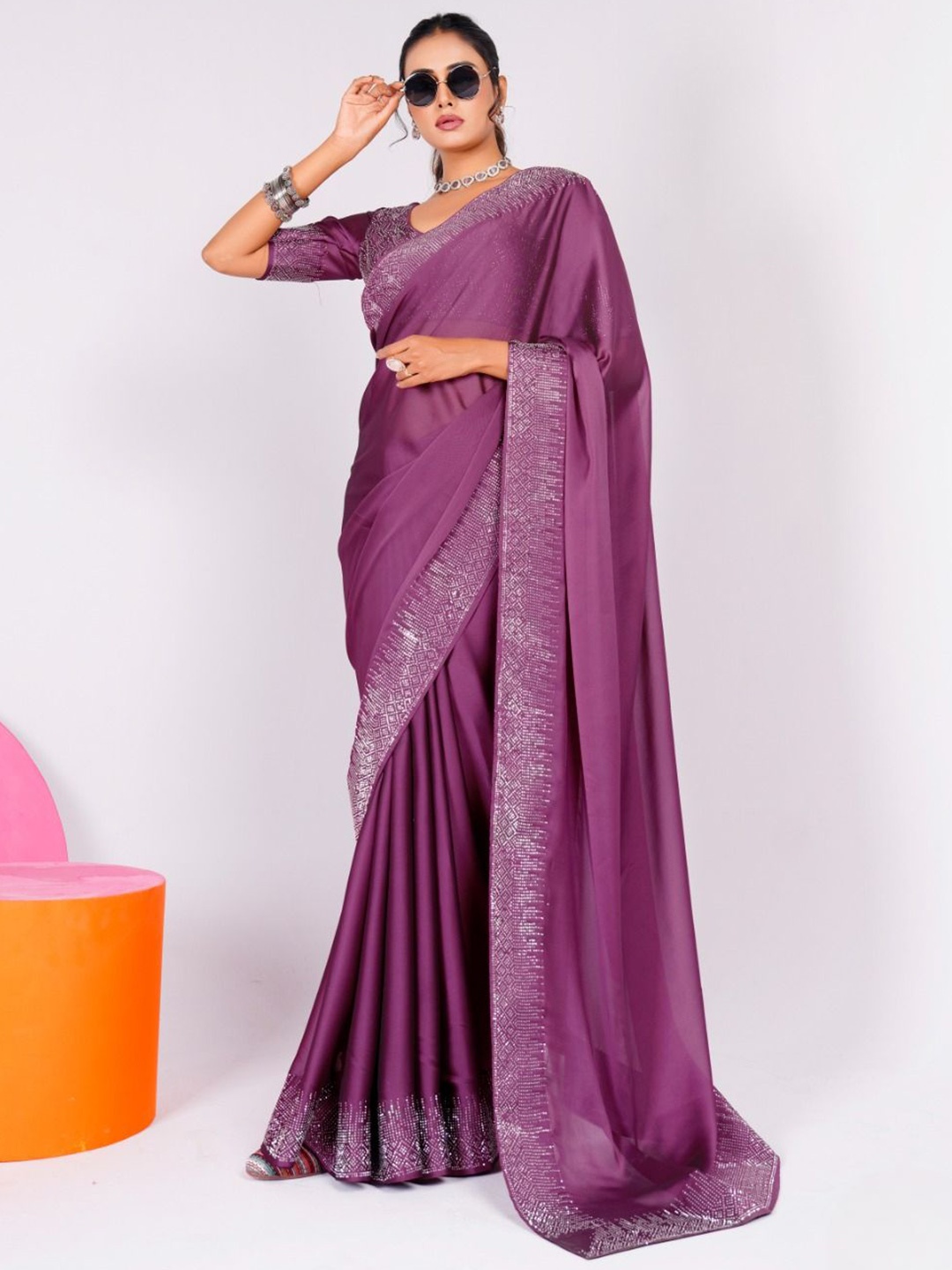 

Mitera Embellished Beads and Stones Pure Chiffon Saree, Purple