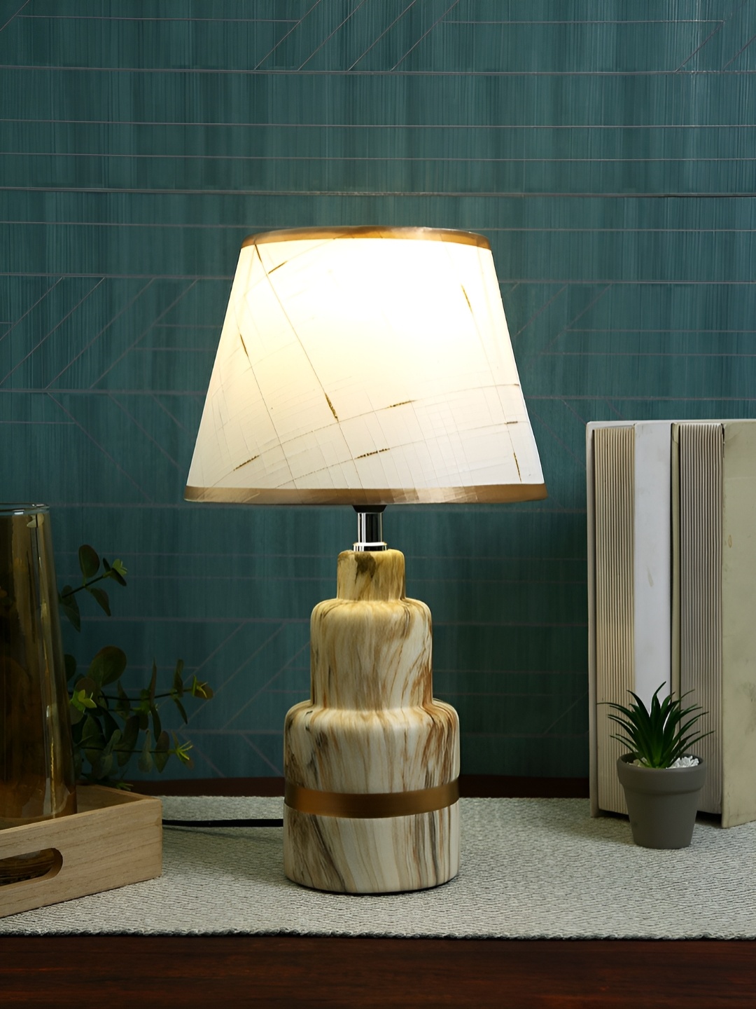 

TAYHAA White & Brown Printed Ceramic Contemporary Frusturical Shaped Table Lamp