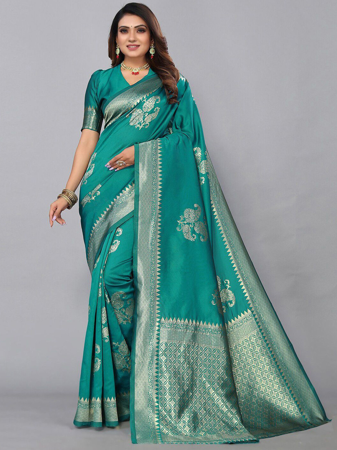 

LEAFFEB Woven Design Zari Pure Silk Banarasi Saree, Teal