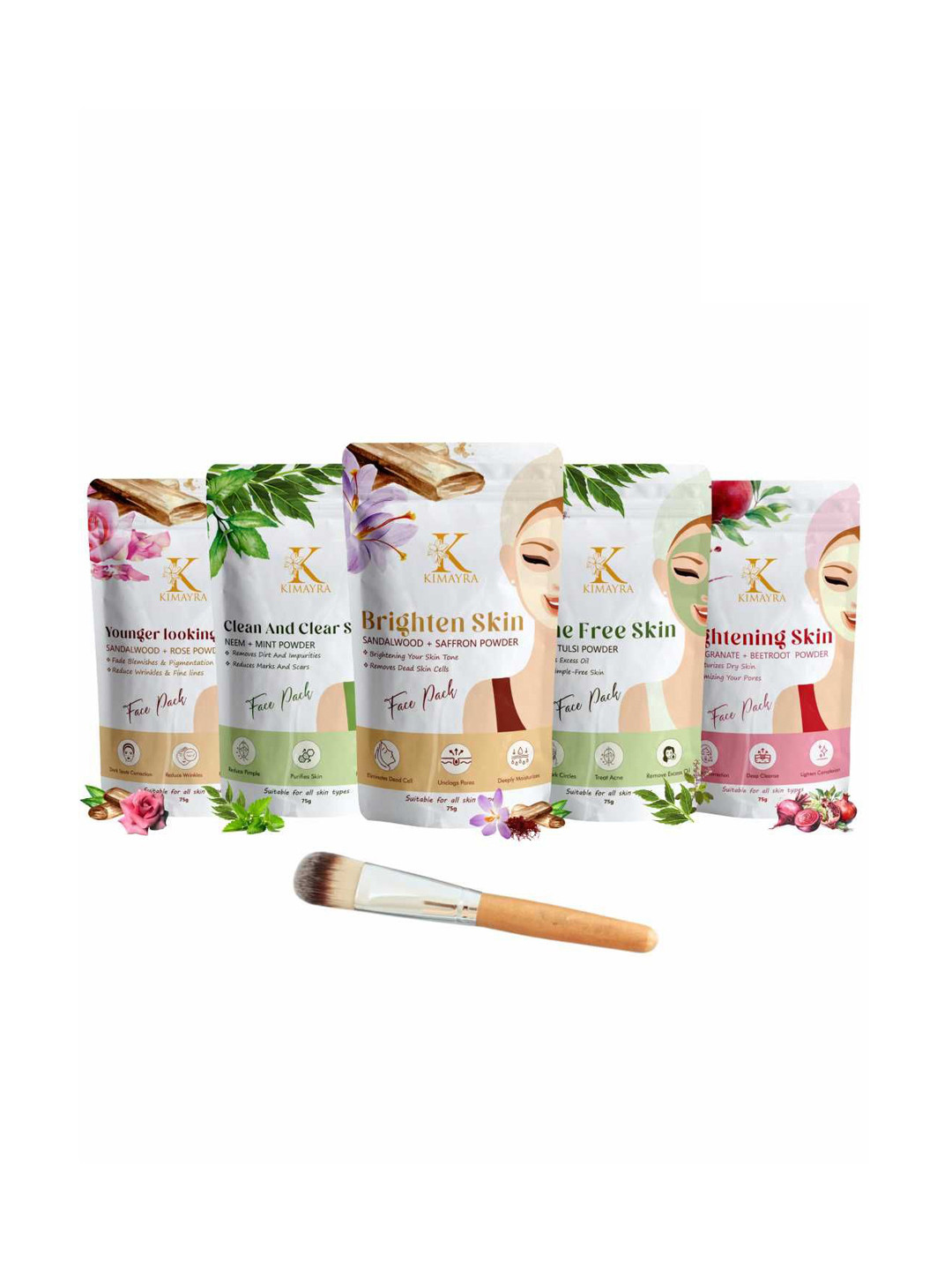 

Kimayra World Set Of 5 Sandalwood, Neem, Saffron, Tulsi & Beetroot Powder Face Pack, Brown