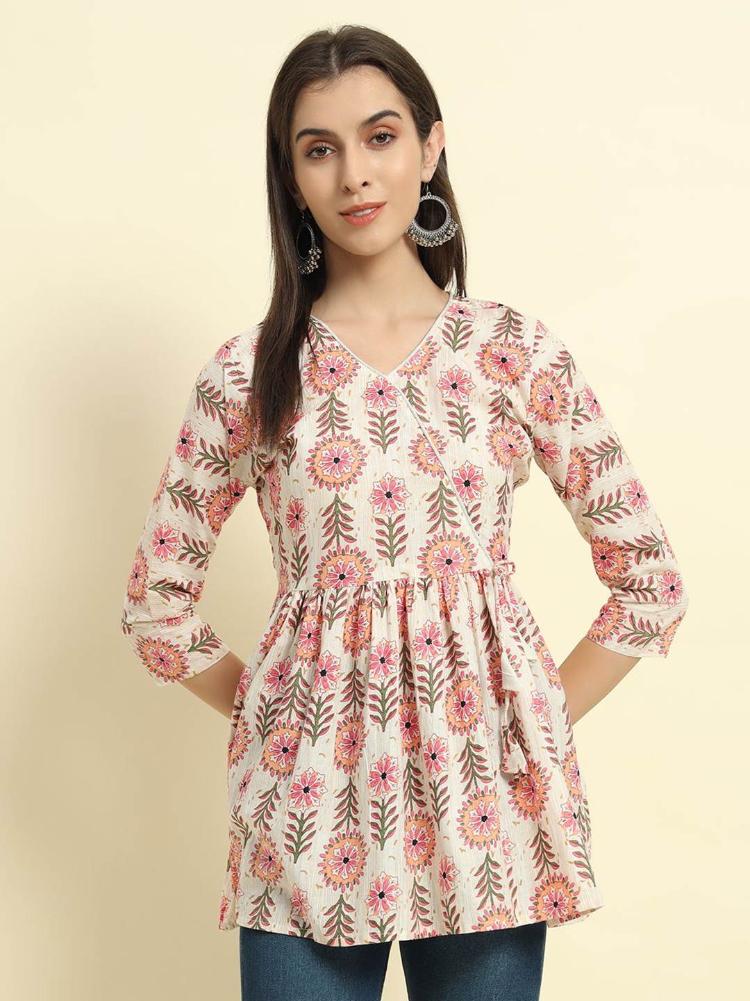 

Mialo fashion Floral Printed V-Neck Pure Cotton Kurti, Off white