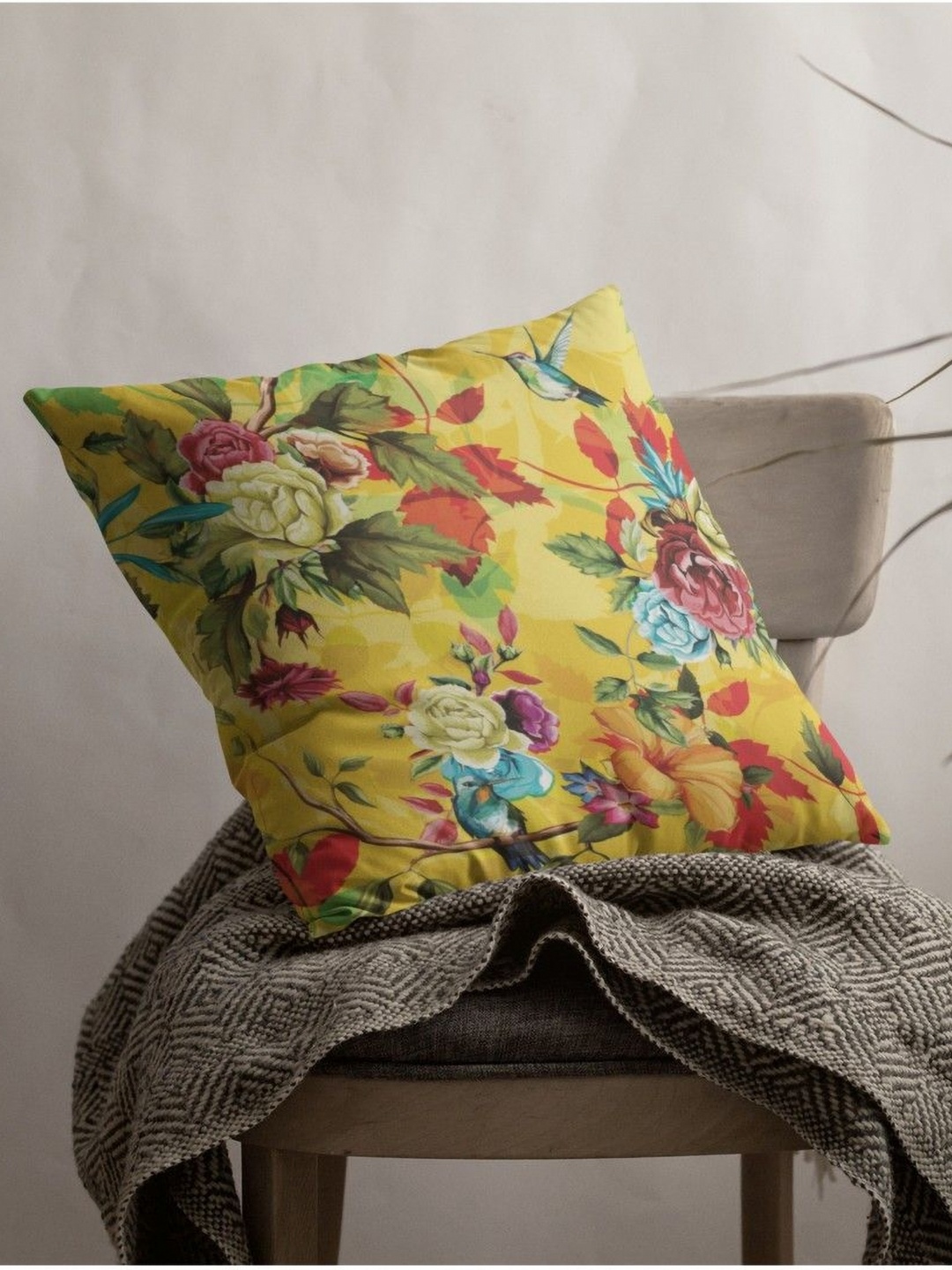 

THEYAYACAFE Yellow & Blue Floral Printed Velvet Square Cushion Covers