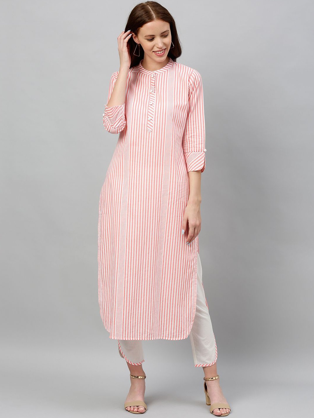 

CHIRAAI Striped Mandarin Collar Straight Kurta with Trousers, Peach