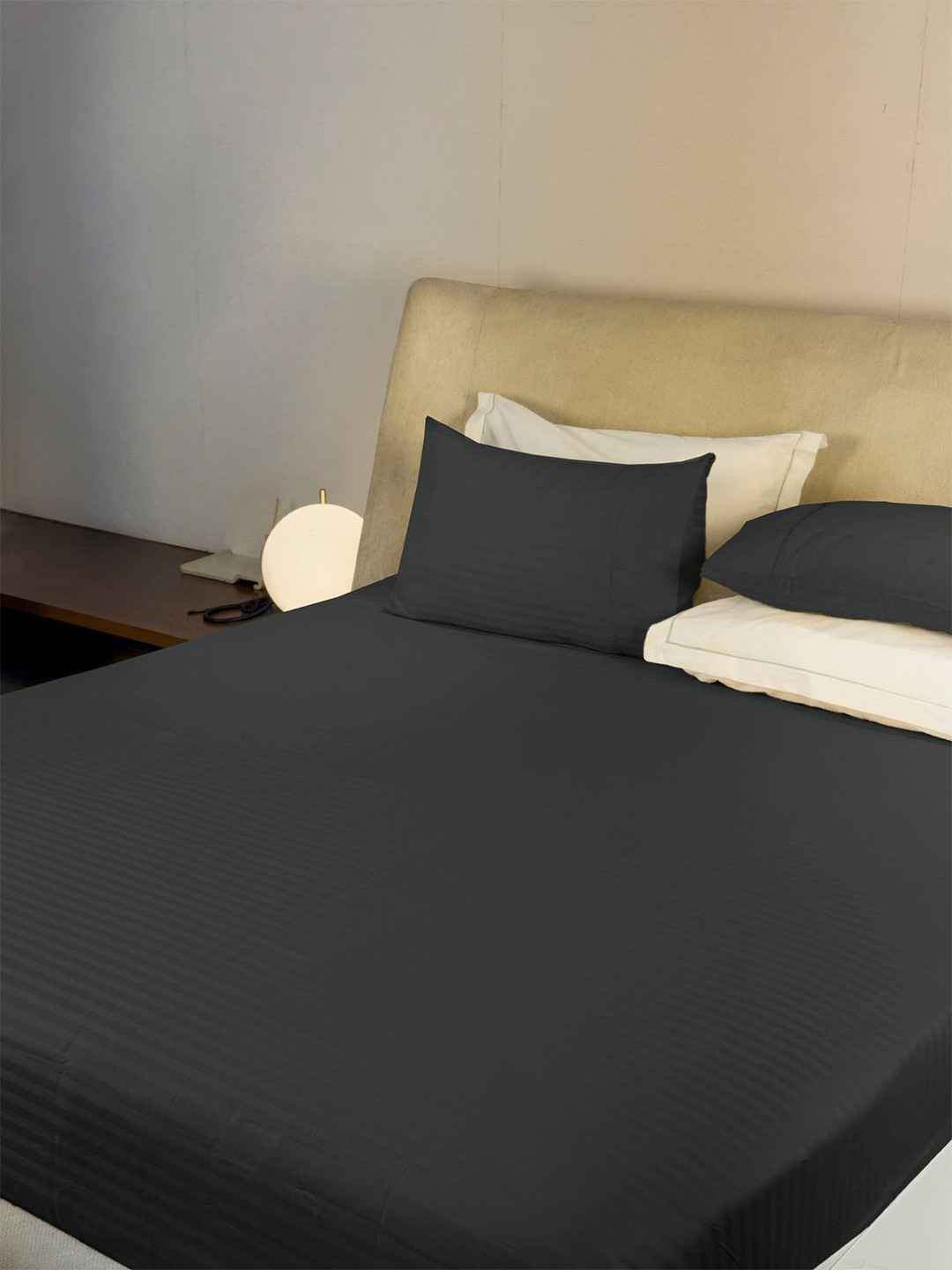 

LABHAM Simple Living Grey Striped 210 TC Satin King Bedsheet With 2 Pillow Covers