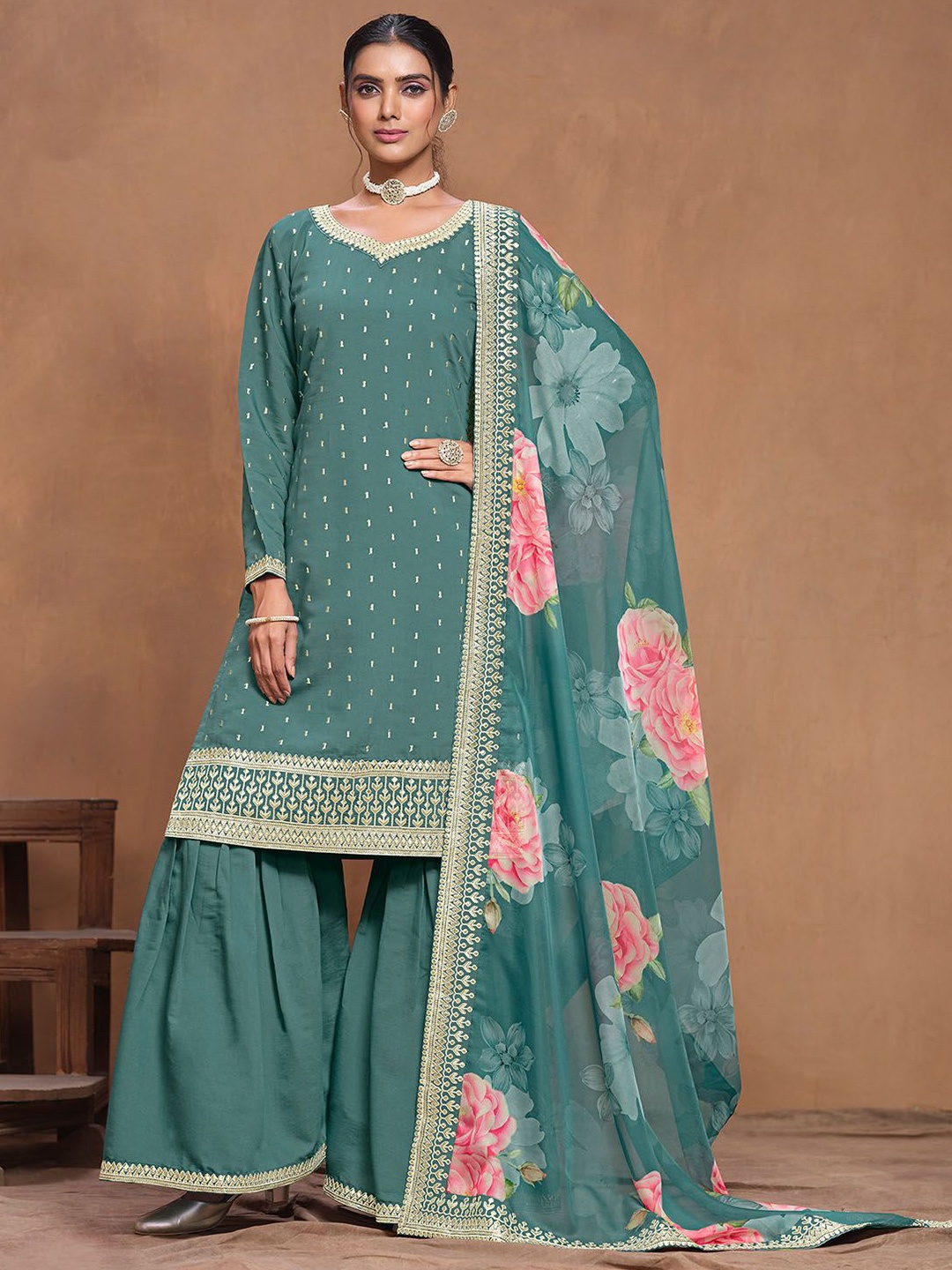 

ODETTE Floral Embroidered V-Neck Kurta with Sharara & Dupatta, Teal