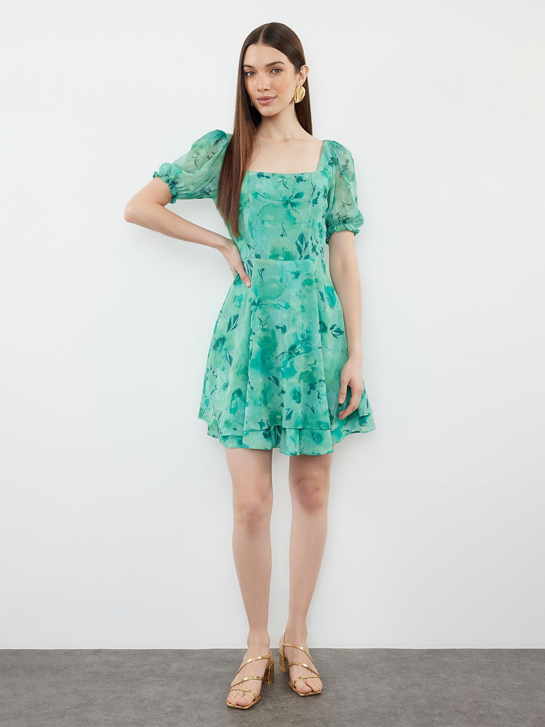 

Trendyol Floral Printed Puff Sleeve Fit & Flare Dress, Green