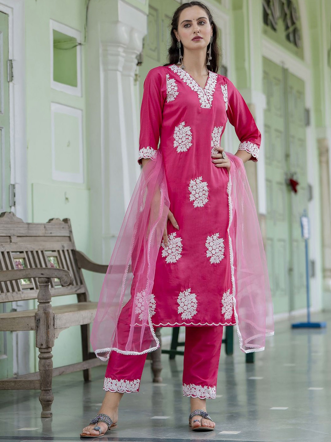 

VredeVogel Floral Embroidered Straight Thread Work Kurta with Trousers & Dupatta, Pink