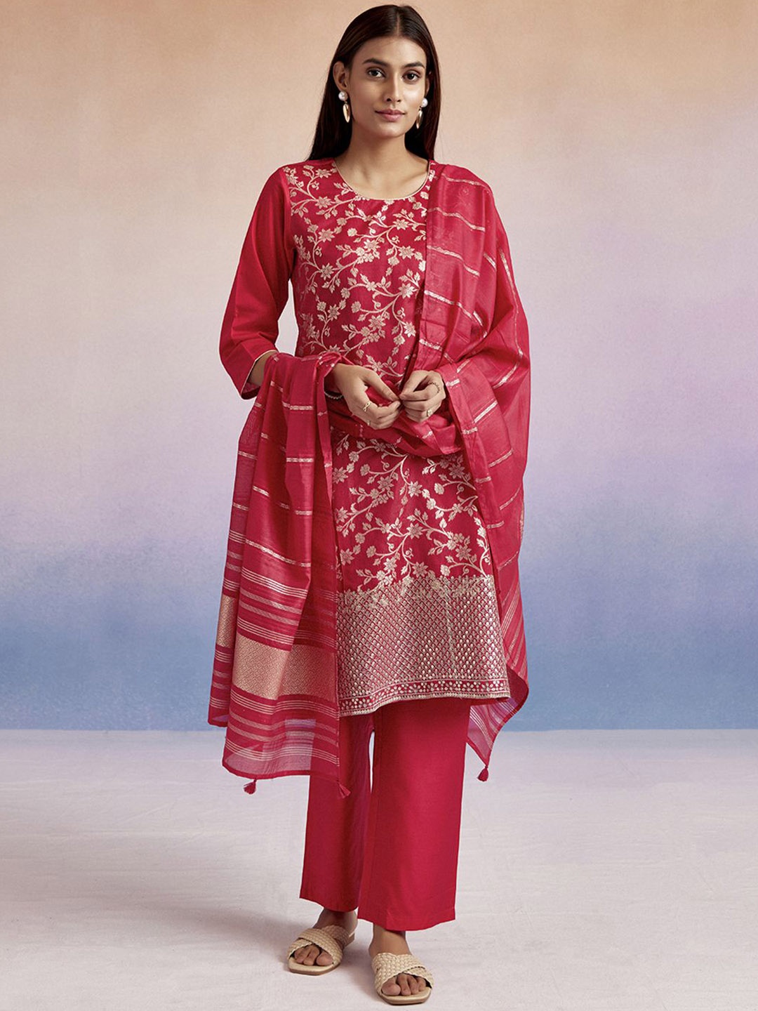 

Jaipur Kurti Floral Woven Design Zari Round Neck Straight Kurta With Trousers & Dupatta, Fuchsia