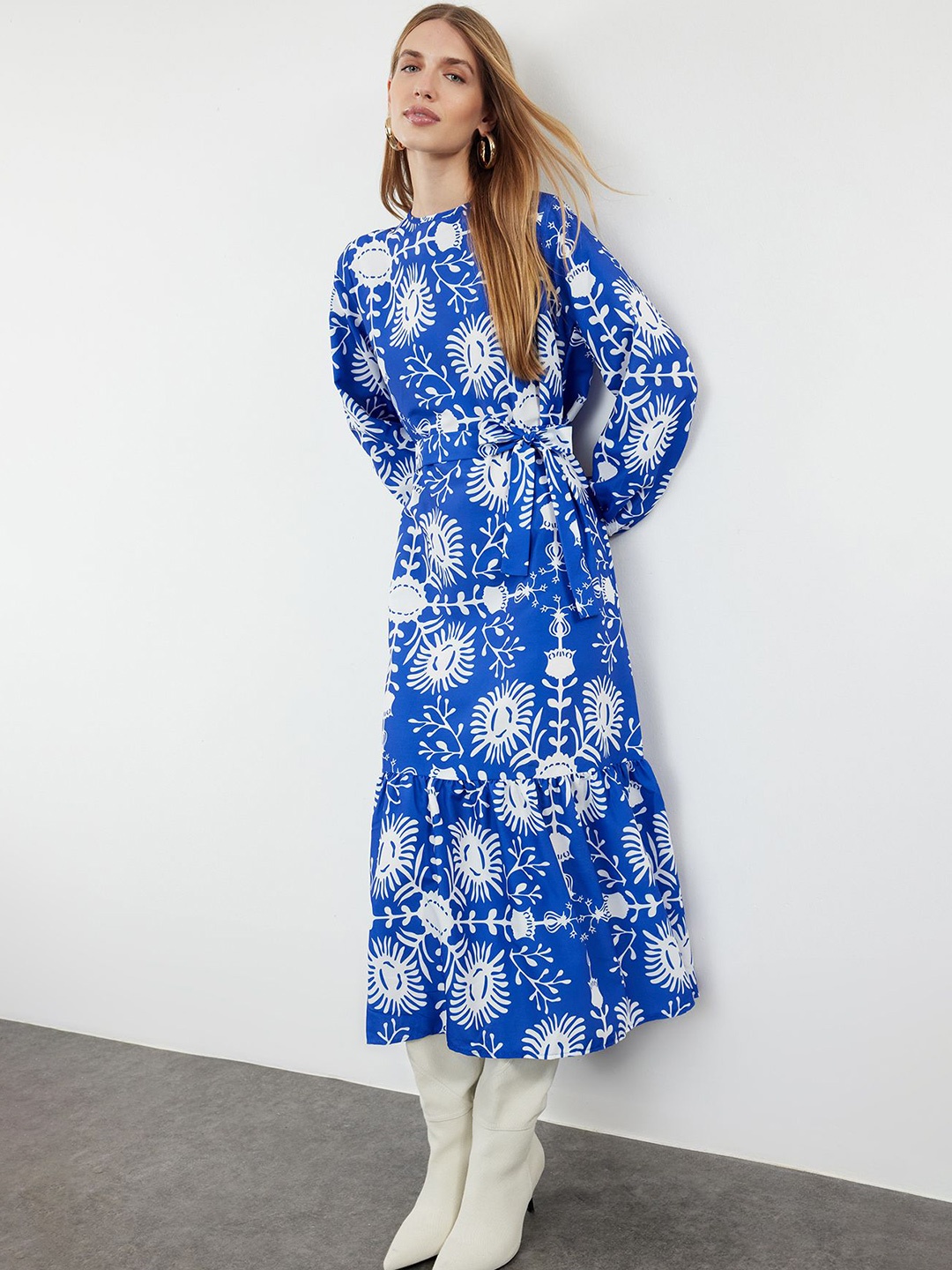 

Trendyol Floral Printed Puff Sleeve Fit & Flare Midi Dress, Blue