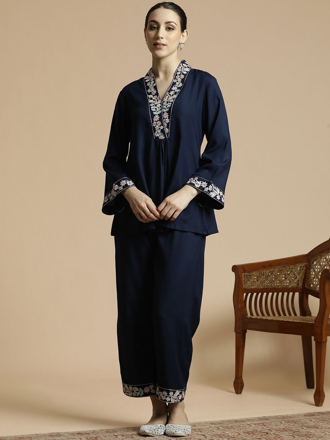 

Anouk Navy Blue Floral Embroidered V-Neck Top With Trousers