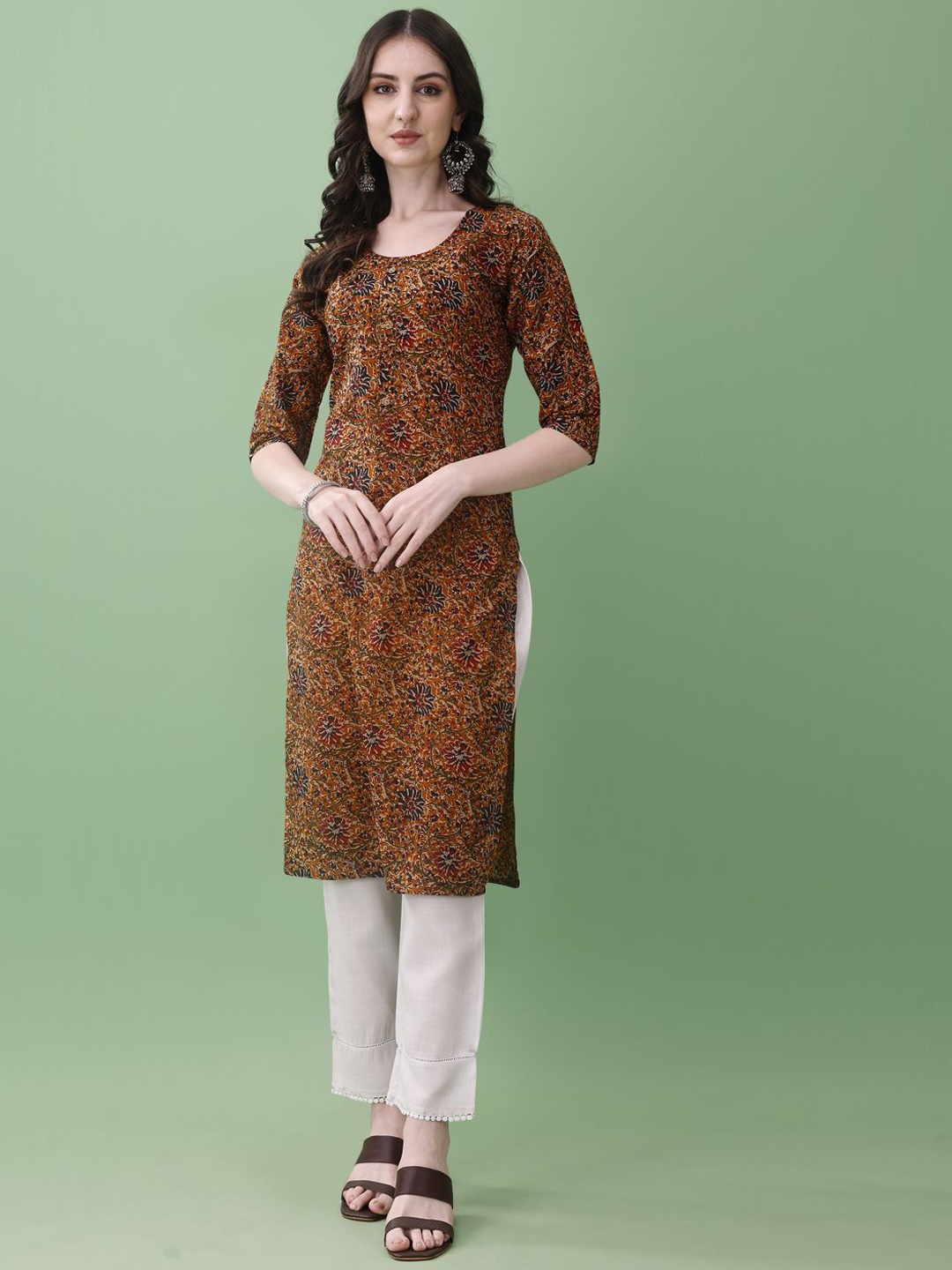 

KUNDAN FAB Floral Printed Cotton Straight Kurta, Brown