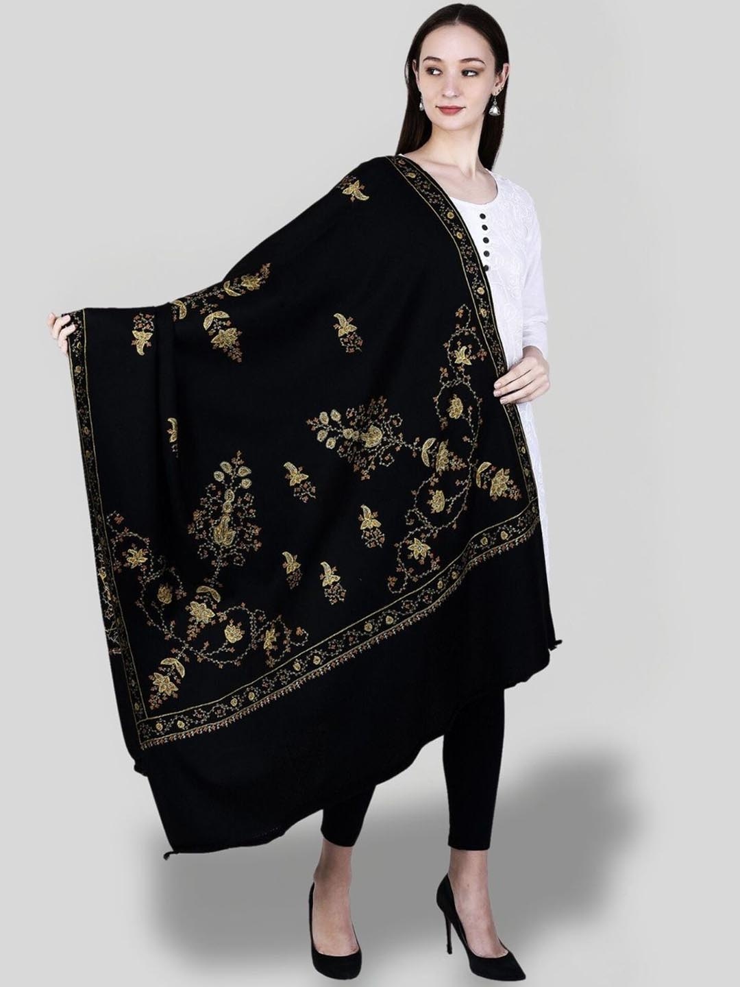 

SWI Stylish Floral Embroidered Pure Woollen Shawl, Black