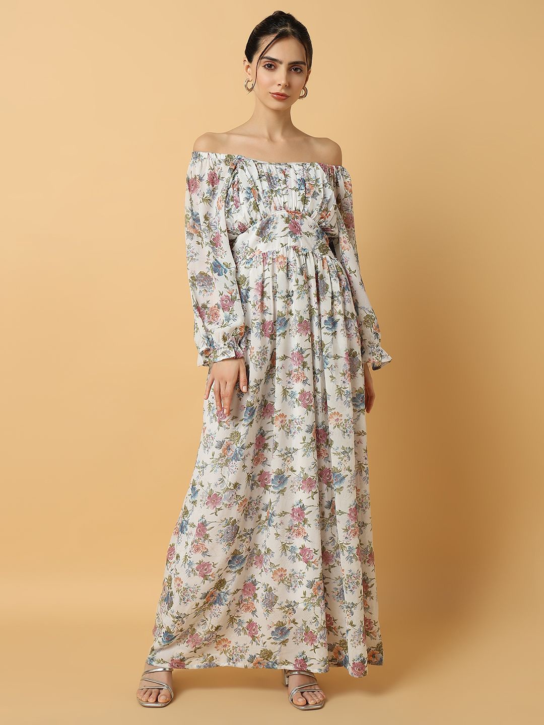 

SHOWOFF Floral Printed Puff Sleeve Fit & Flare Maxi Dress, White