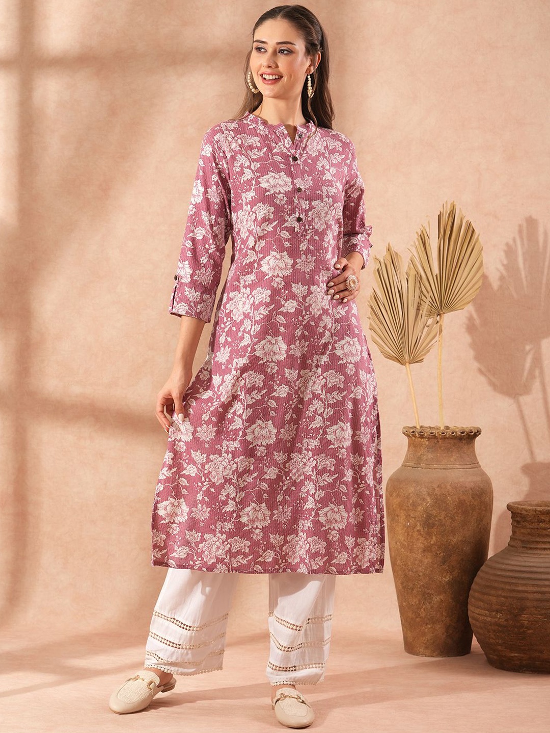 

FASHOR Floral Printed Mandarin Collar Cotton Straight Kurta, Mauve
