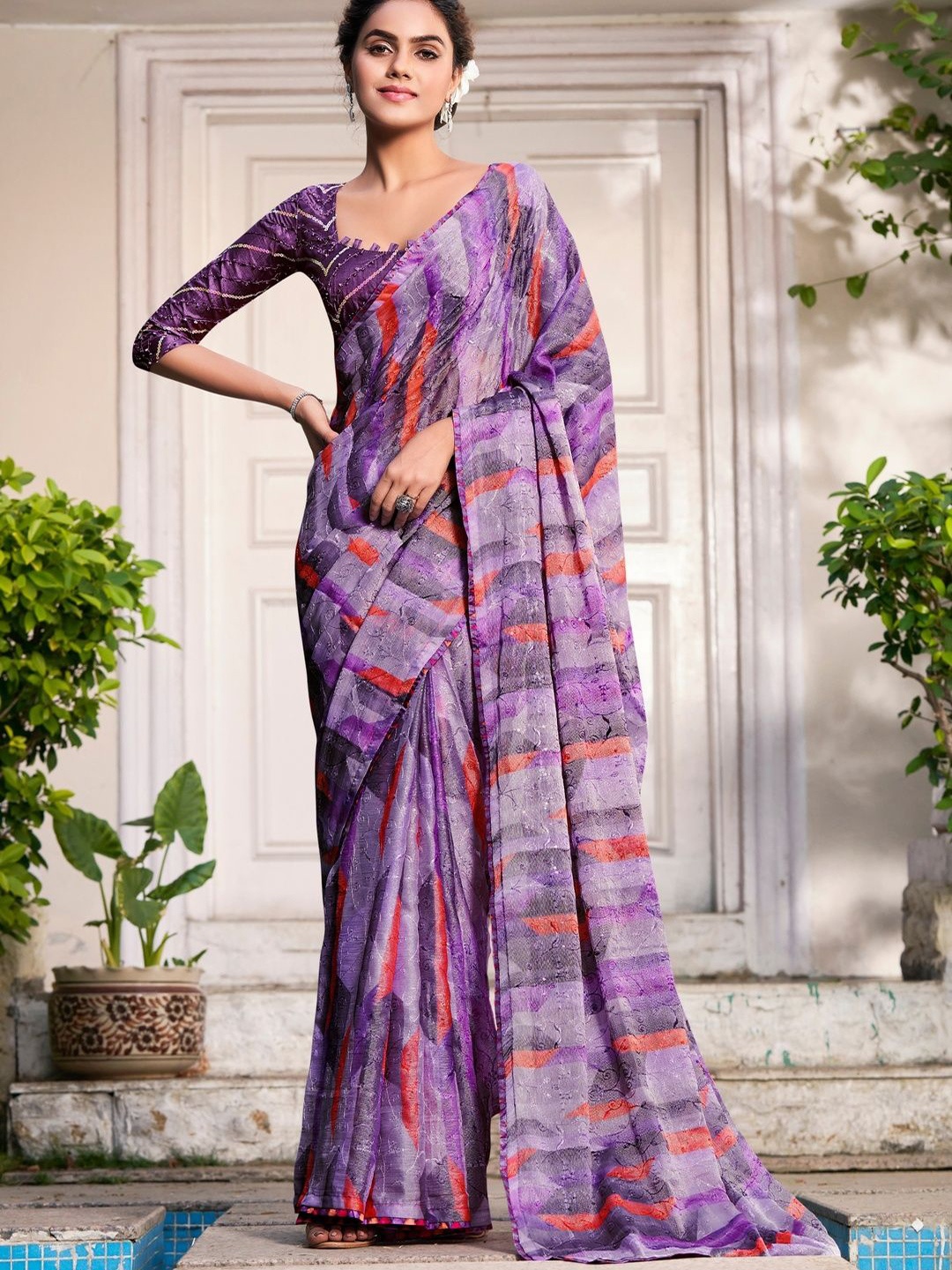 

CHUDIYA Pure Chiffon Abstract Printed Saree, Lavender