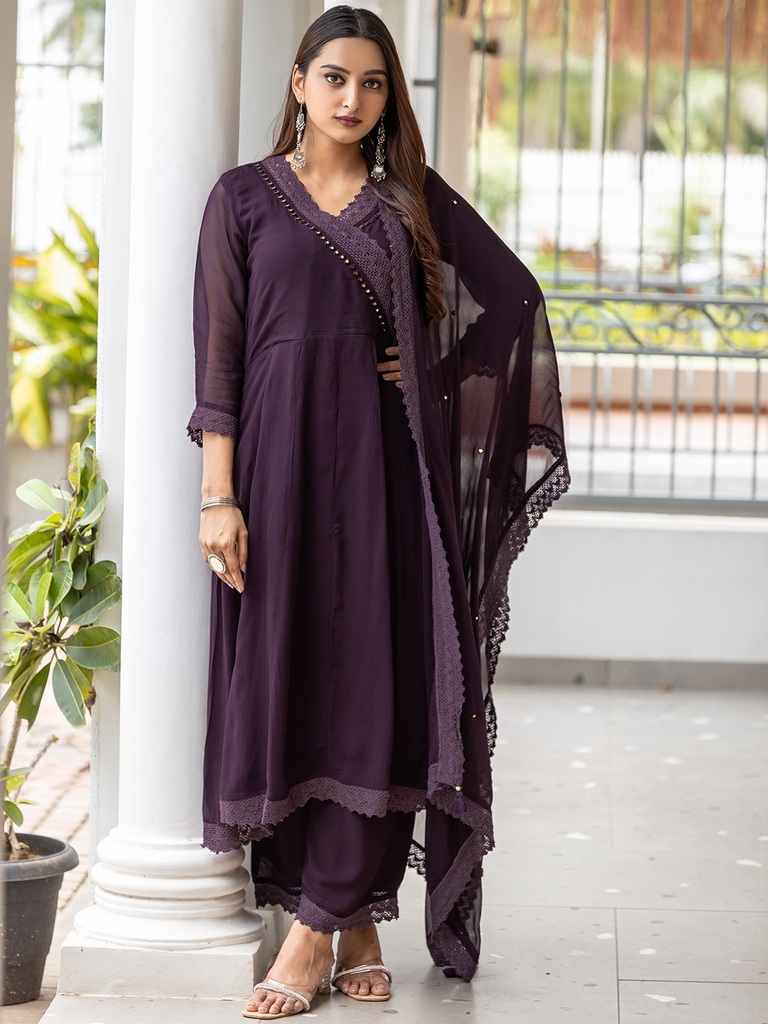 

MITTOO V-Neck Mirror Work Pure Georgette Kurta With Palazzo & Dupatta, Purple