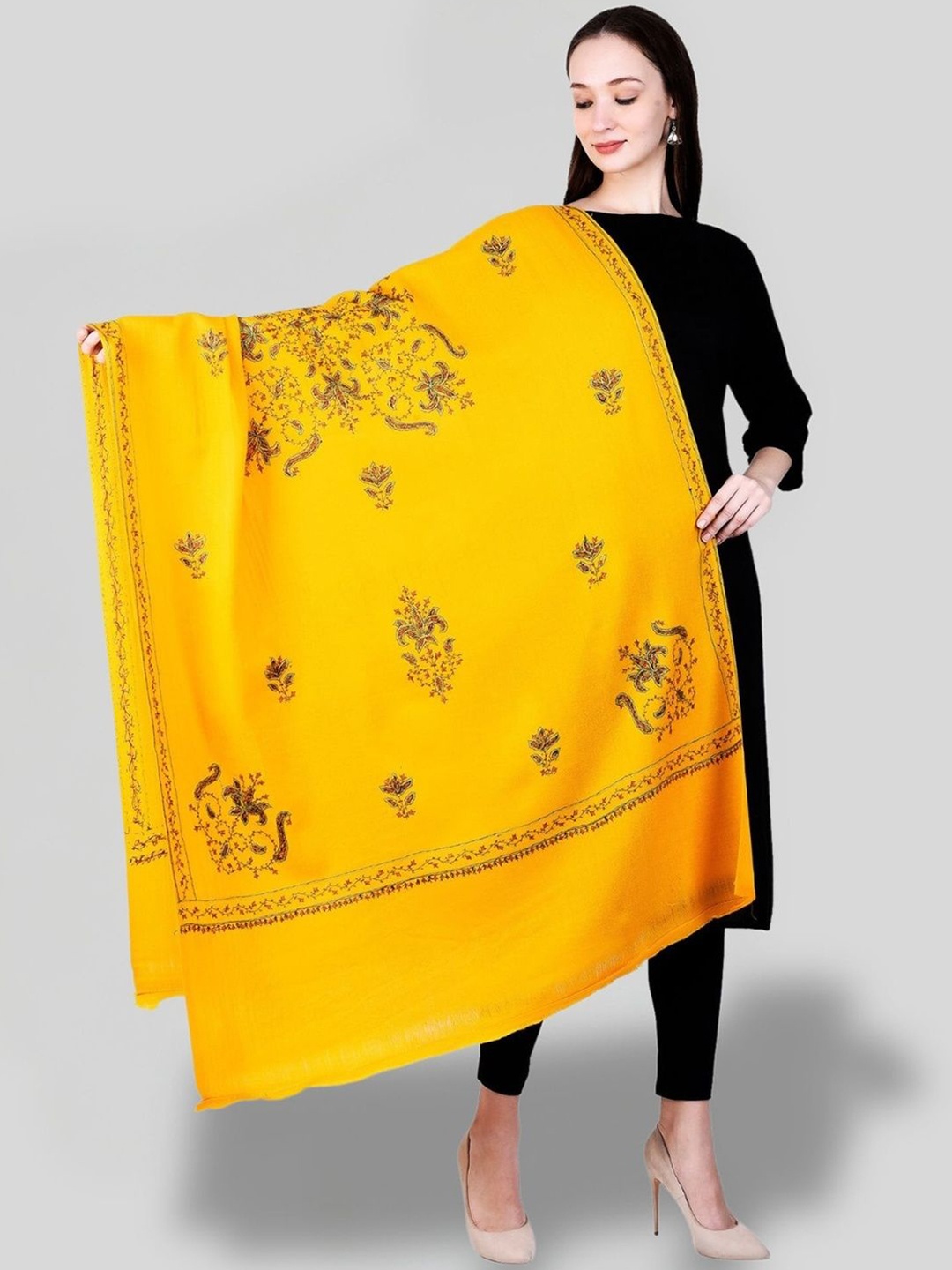 

SWI Stylish Floral Embroidered Pure Woollen Shawl, Yellow