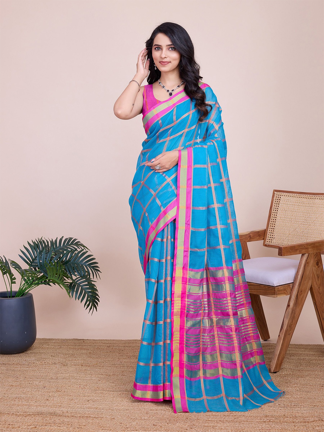 

Anjaneya Sarees Checked Zari Chanderi Saree, Turquoise blue