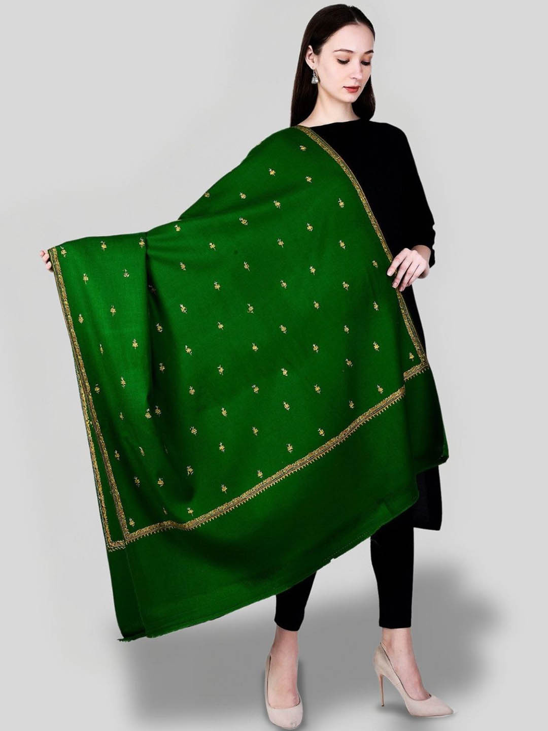 

SWI Stylish Ethnic Motifs Embroidered Woollen Shawl, Green