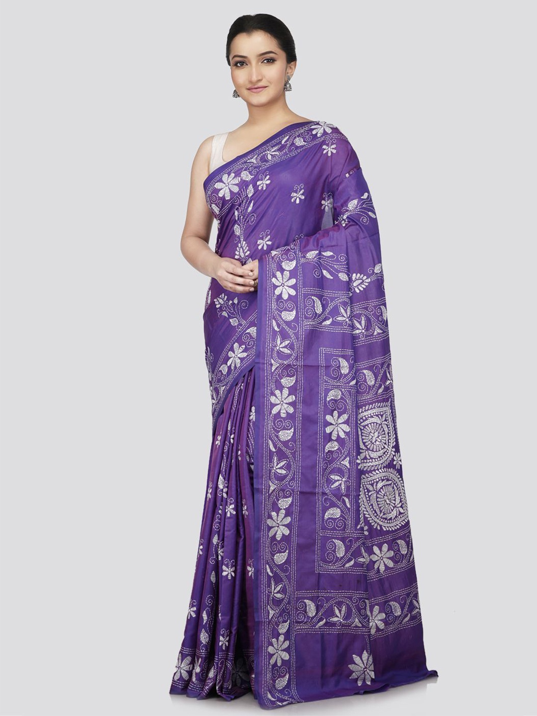 

PinkLoom Floral Kantha Work Pure Silk Saree, Purple