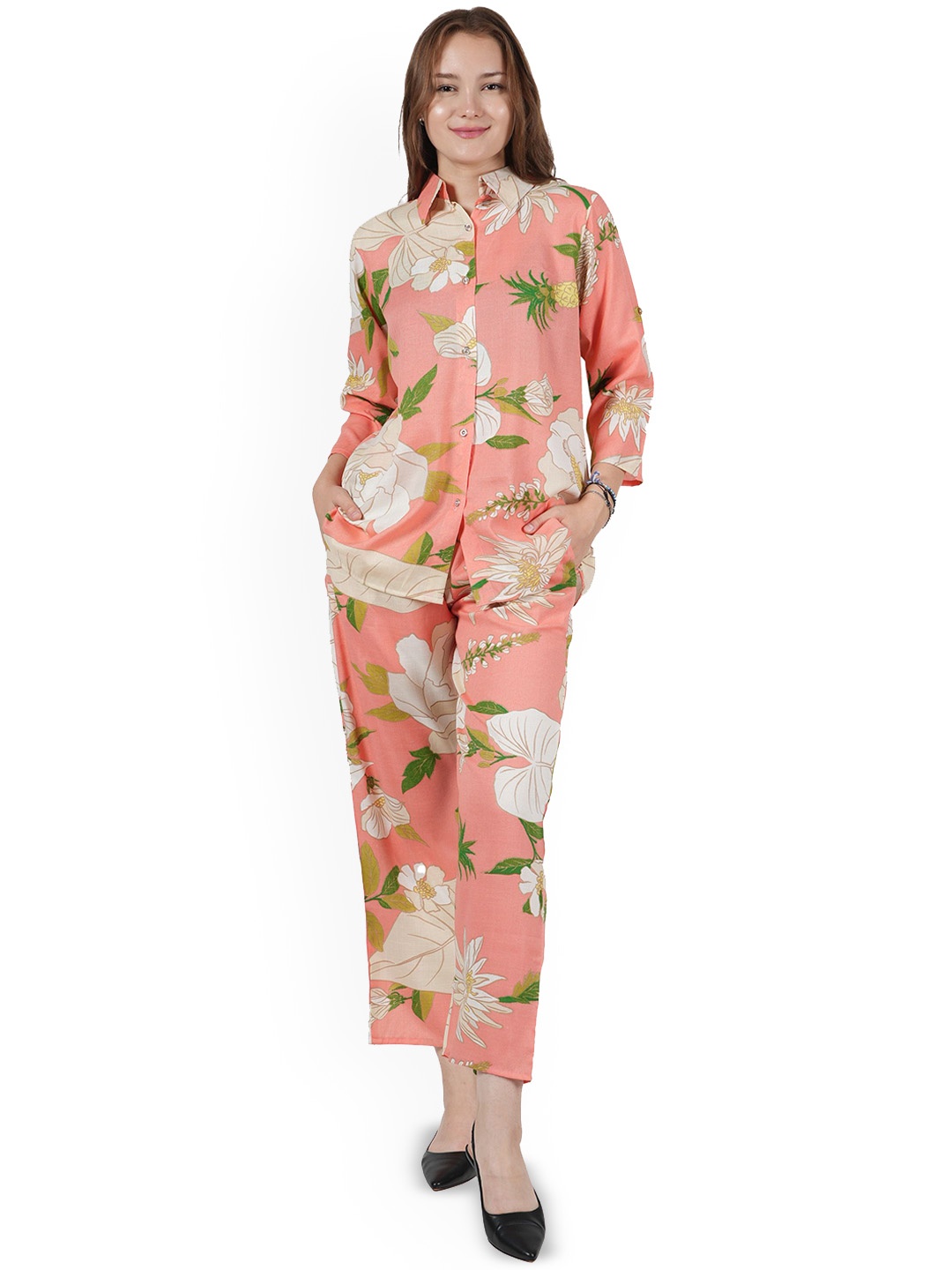 

BAESD Floral Printed Long Sleeves Shirt With Palazzo, Peach