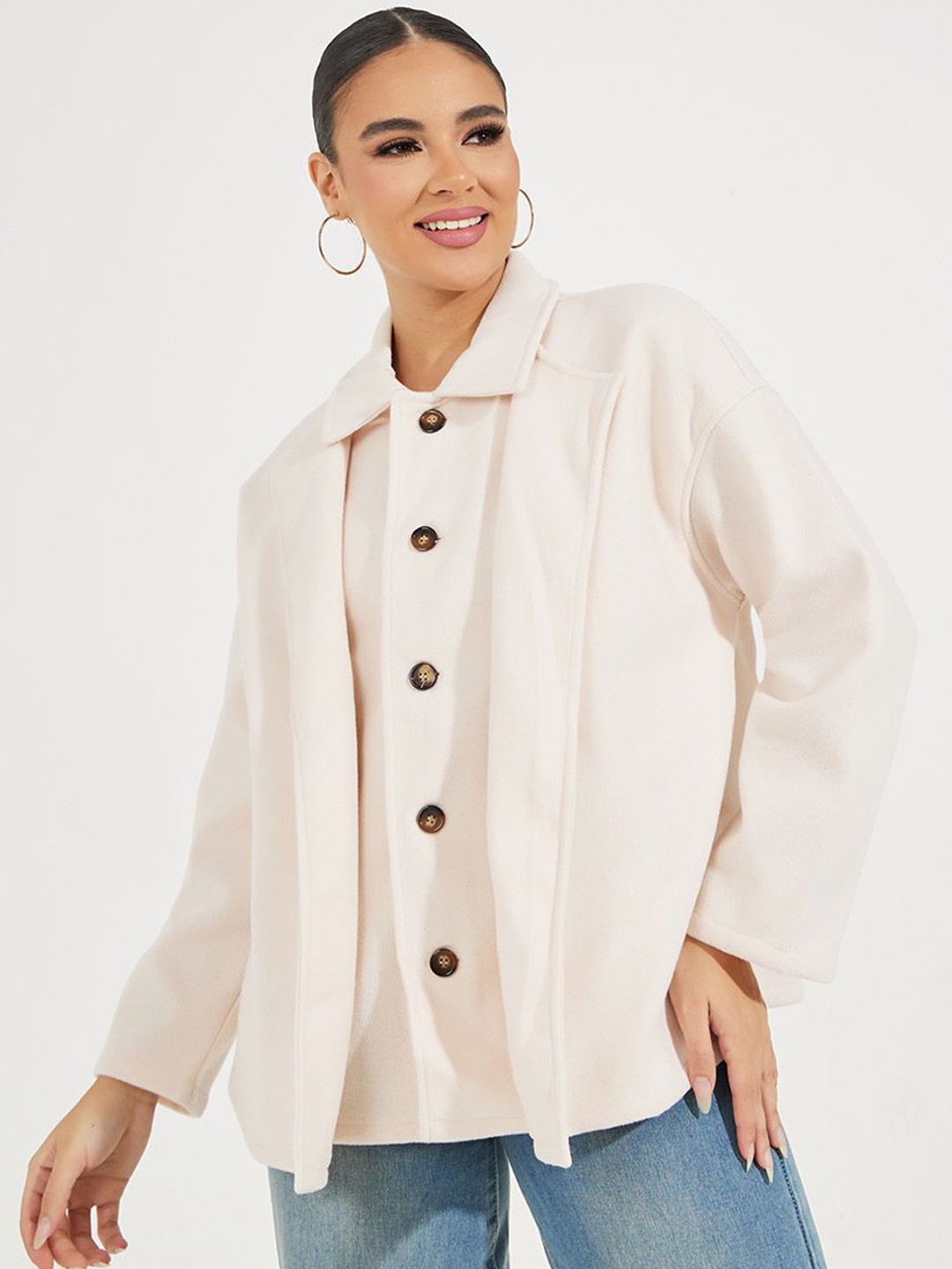 

Styli Women Oversized Fit Long Length Mock Double Layer Jacket, Beige