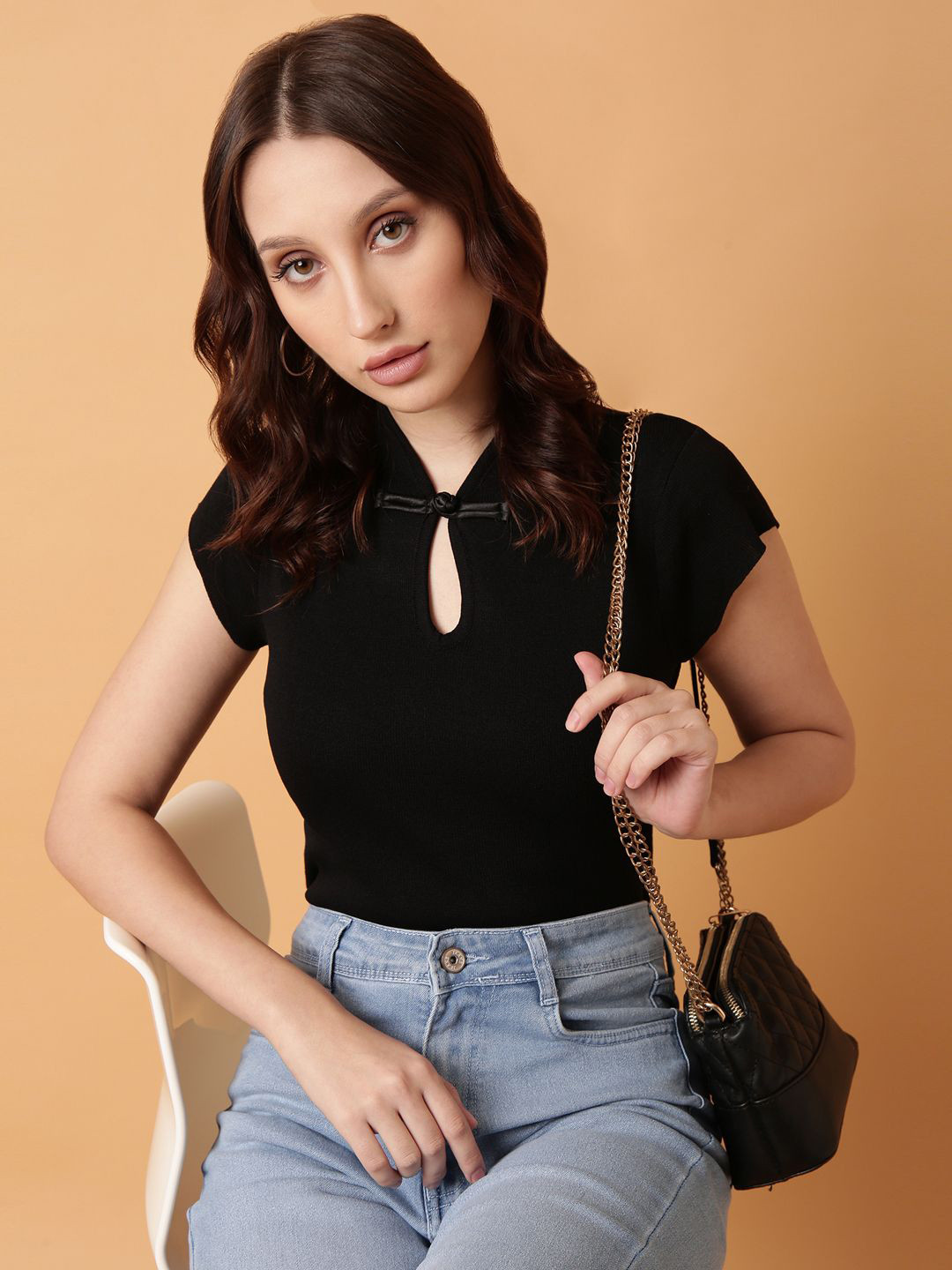 

SHOWOFF Keyhole Neck Top, Black